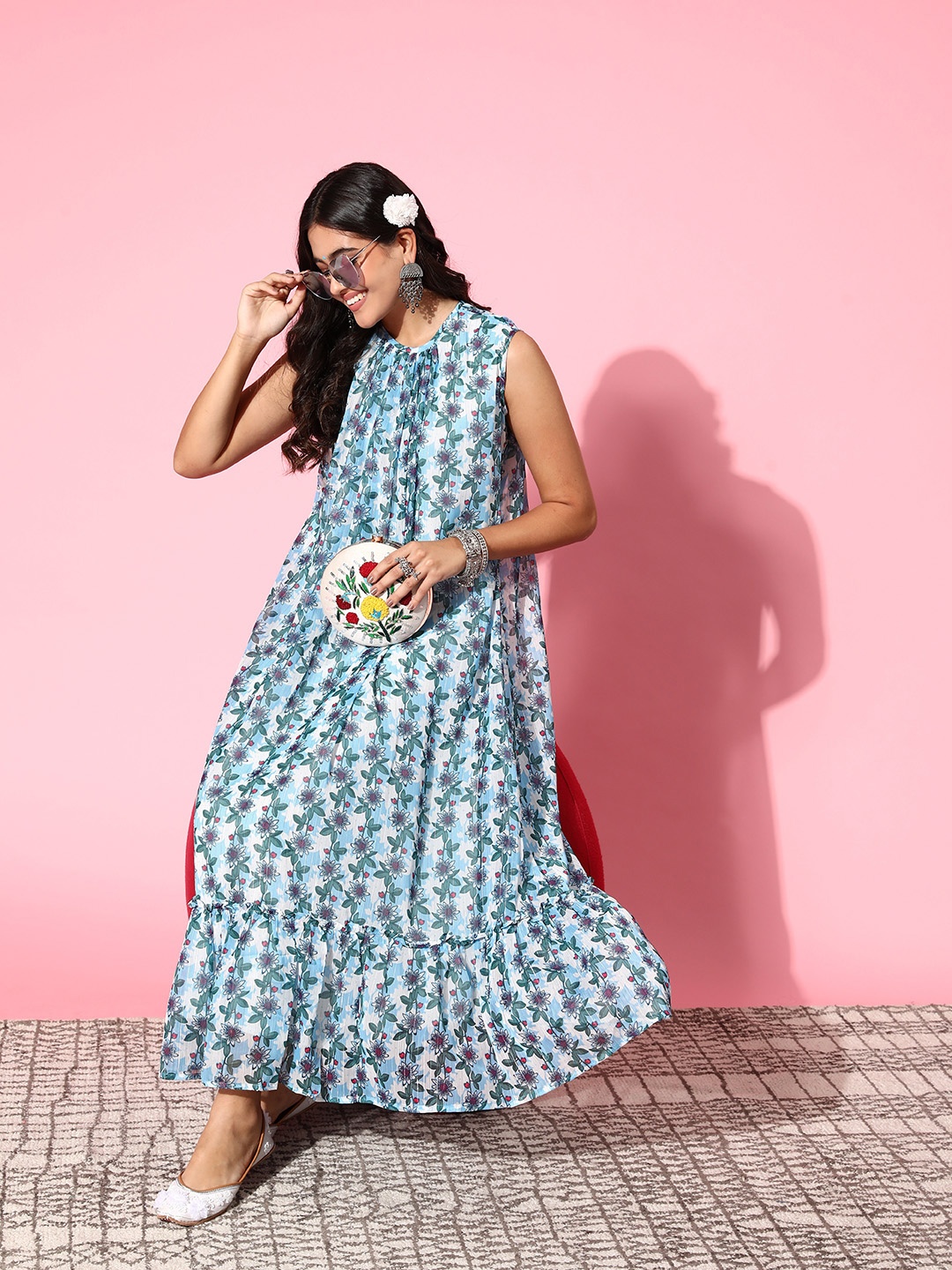 

Janasya Blue & White Floral Print Georgette Maxi Midi Dress