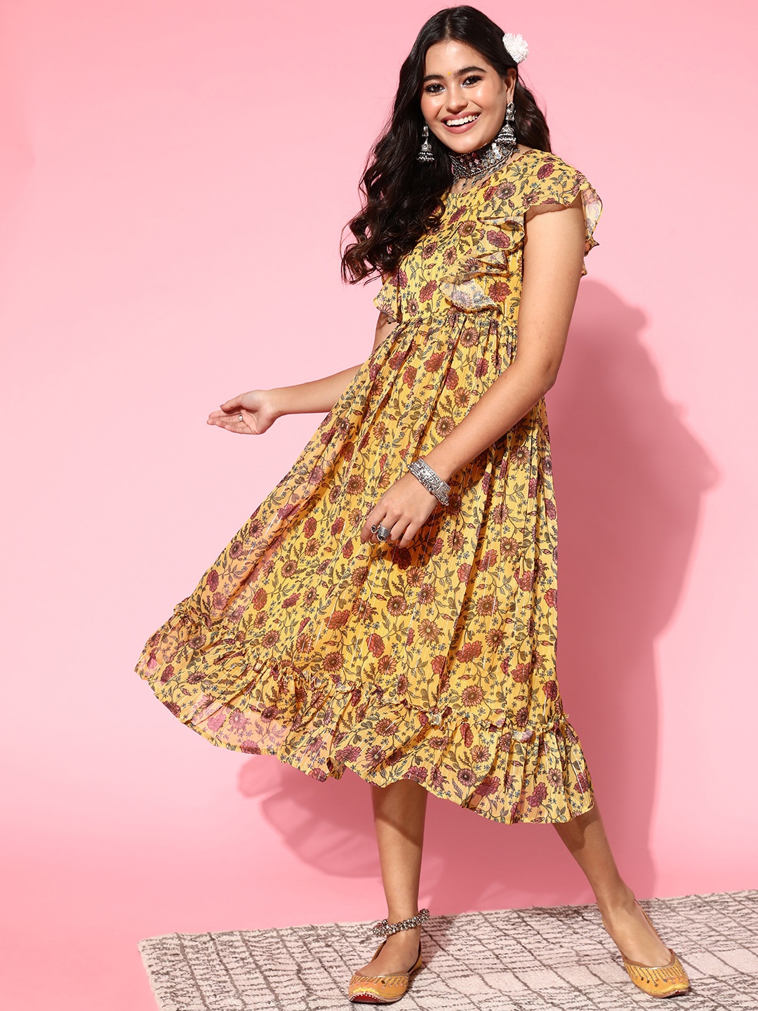 

Janasya Mustard Yellow & Red Floral Print Flutter Sleeve Ruffled Georgette Fit & Flare Midi Dress