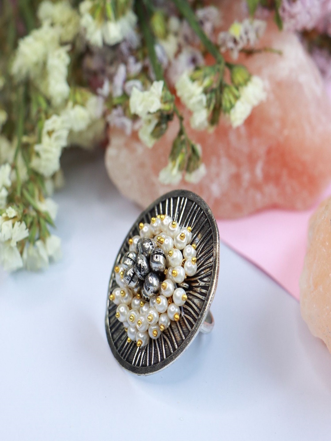 

I Jewels Women Silver & White 18k Silver Plated Clustered Pearls Adjustable Finger Ring