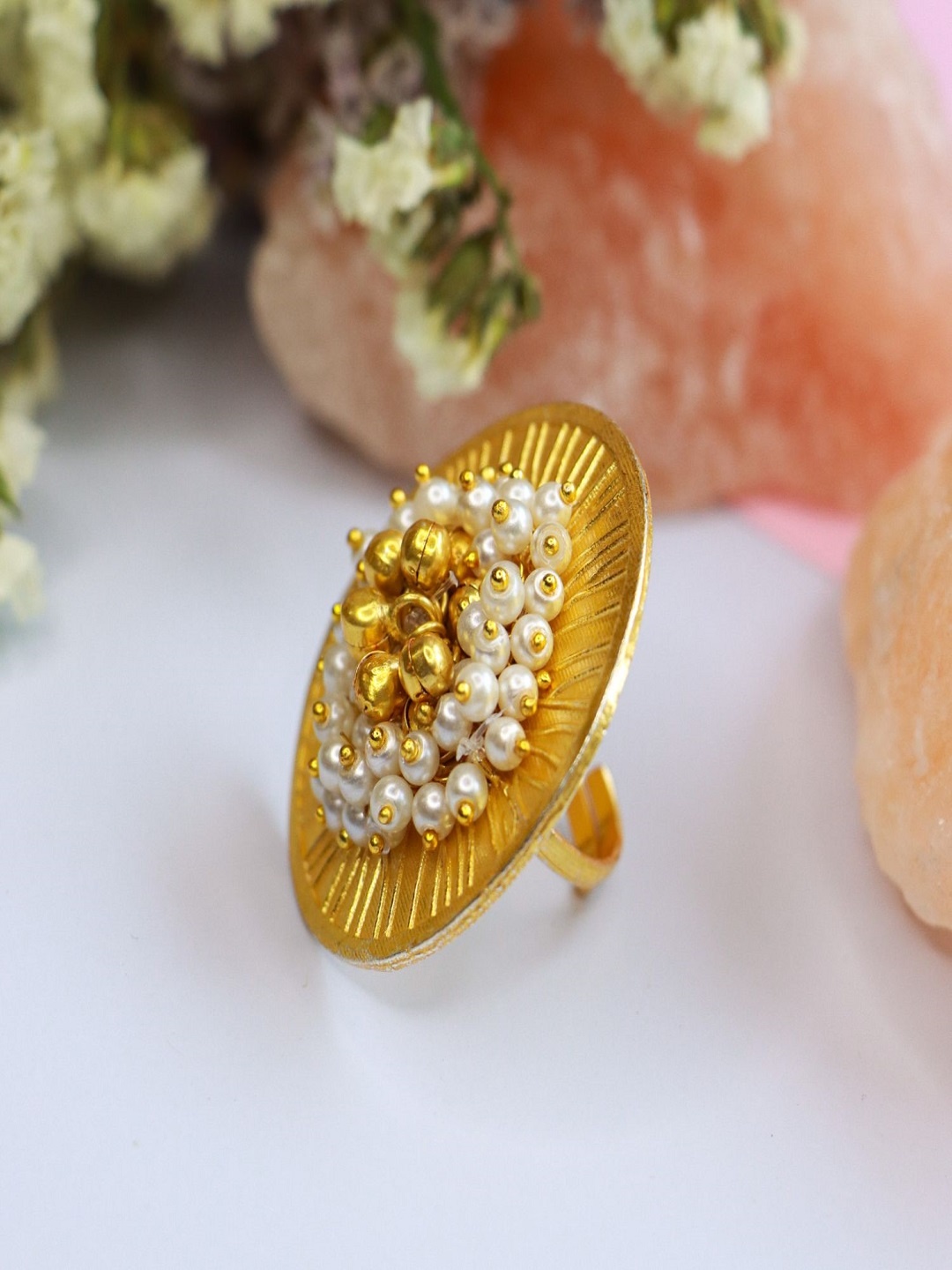 

I Jewels Women Gold-Plated & White Pearls Adjustable Finger Ring