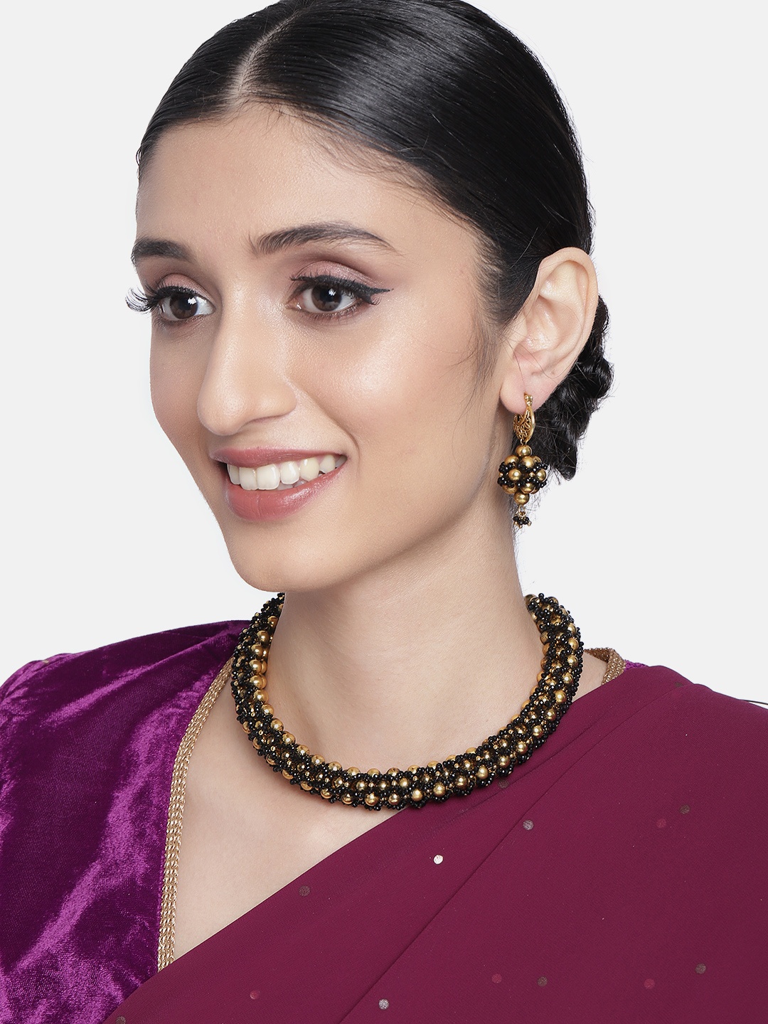 

I Jewels Women 18k Gold-Plated & Black Moti Beads Thushi Choker Jewelry Set