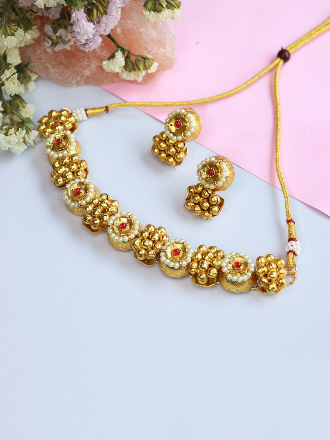 

I Jewels Gold-Plated Off-White Beaded Jewellery Set