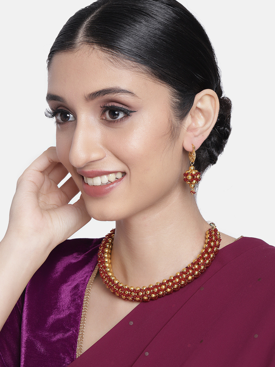 

I Jewels Women 18k Gold-Plated & Maroon Moti Beads Thushi Choker Jewelry Set