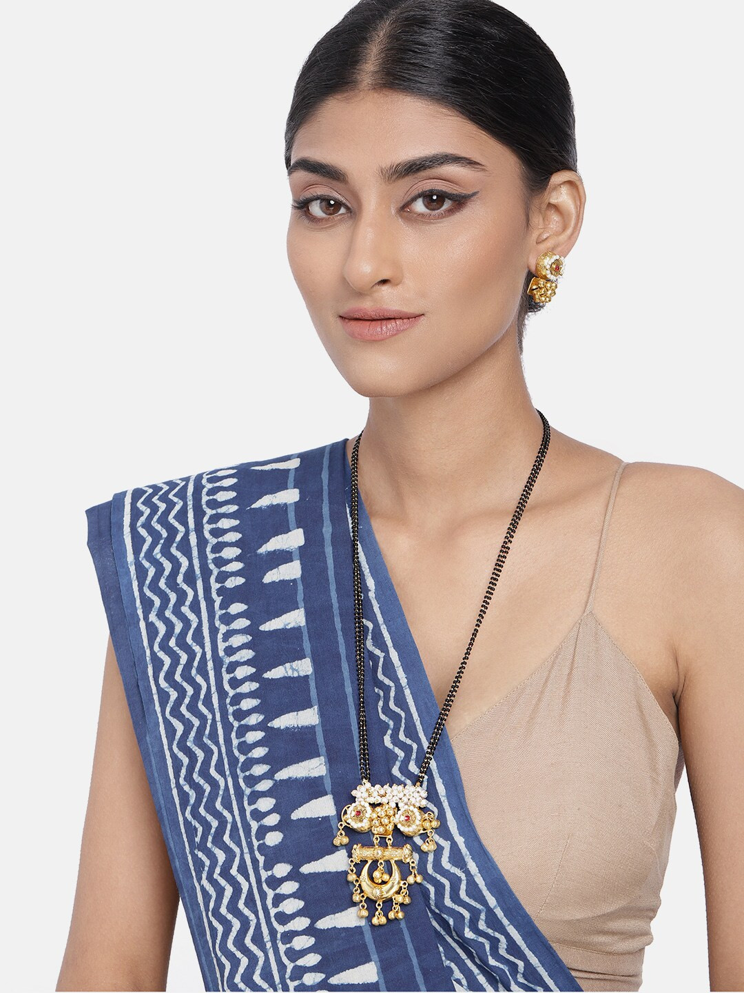 

I Jewels 18 k Gold-Plated & Black Long Mangalsutra with Earrings