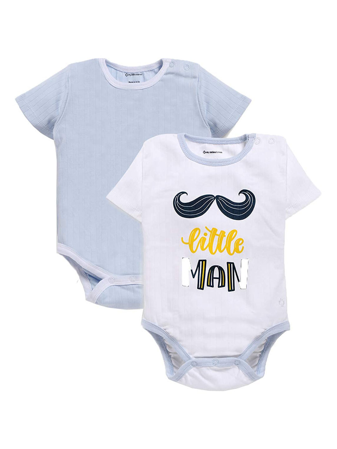 

My Milestones Infant Boys Blue & White Pack Of 2 Printed Cotton Bodysuits