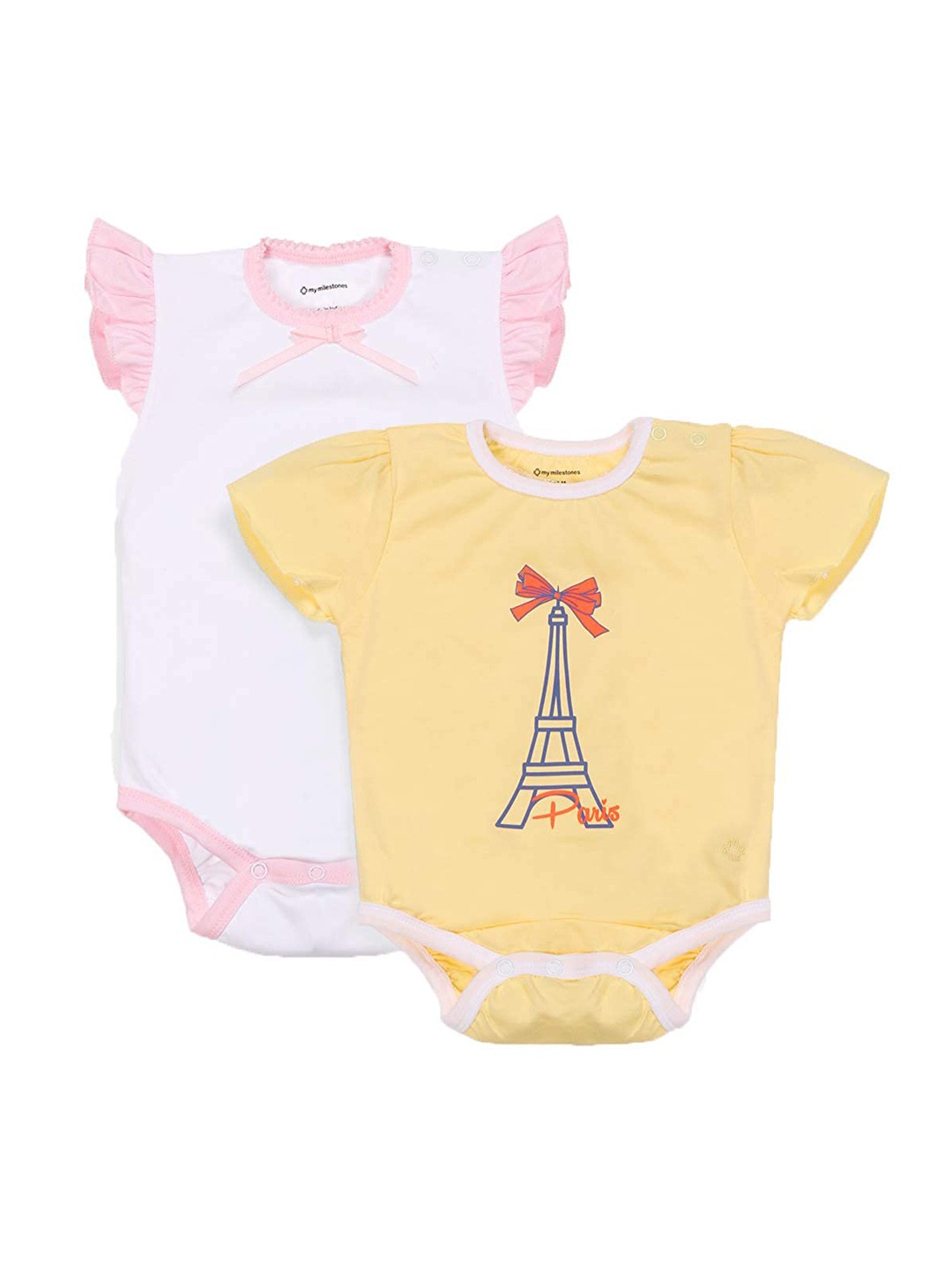 

My Milestones Infant Girls Pack Of 2 Printed Pure Cotton Bodysuits, White