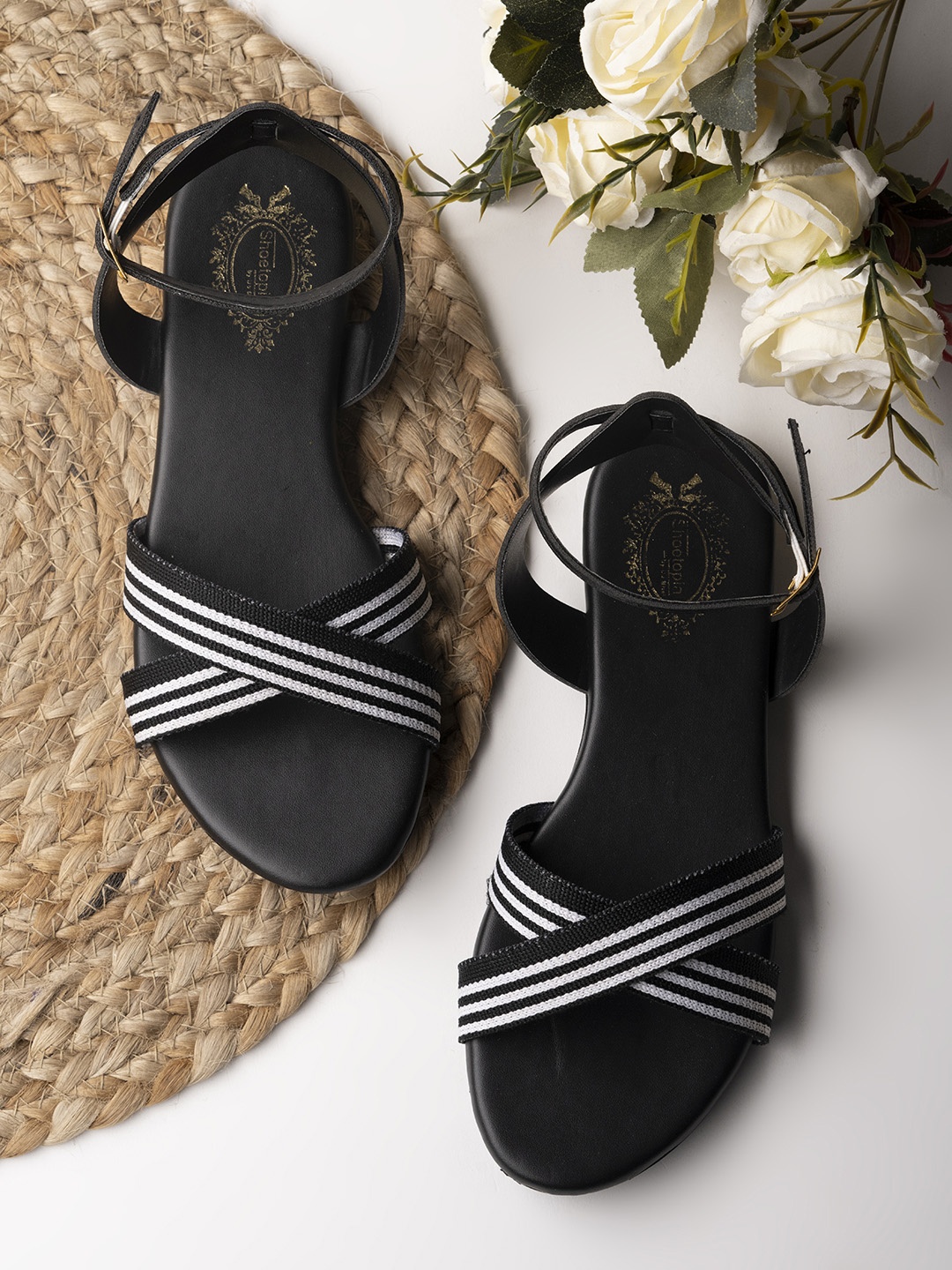 

Shoetopia Girls Black & White Striped Open Toe Flats