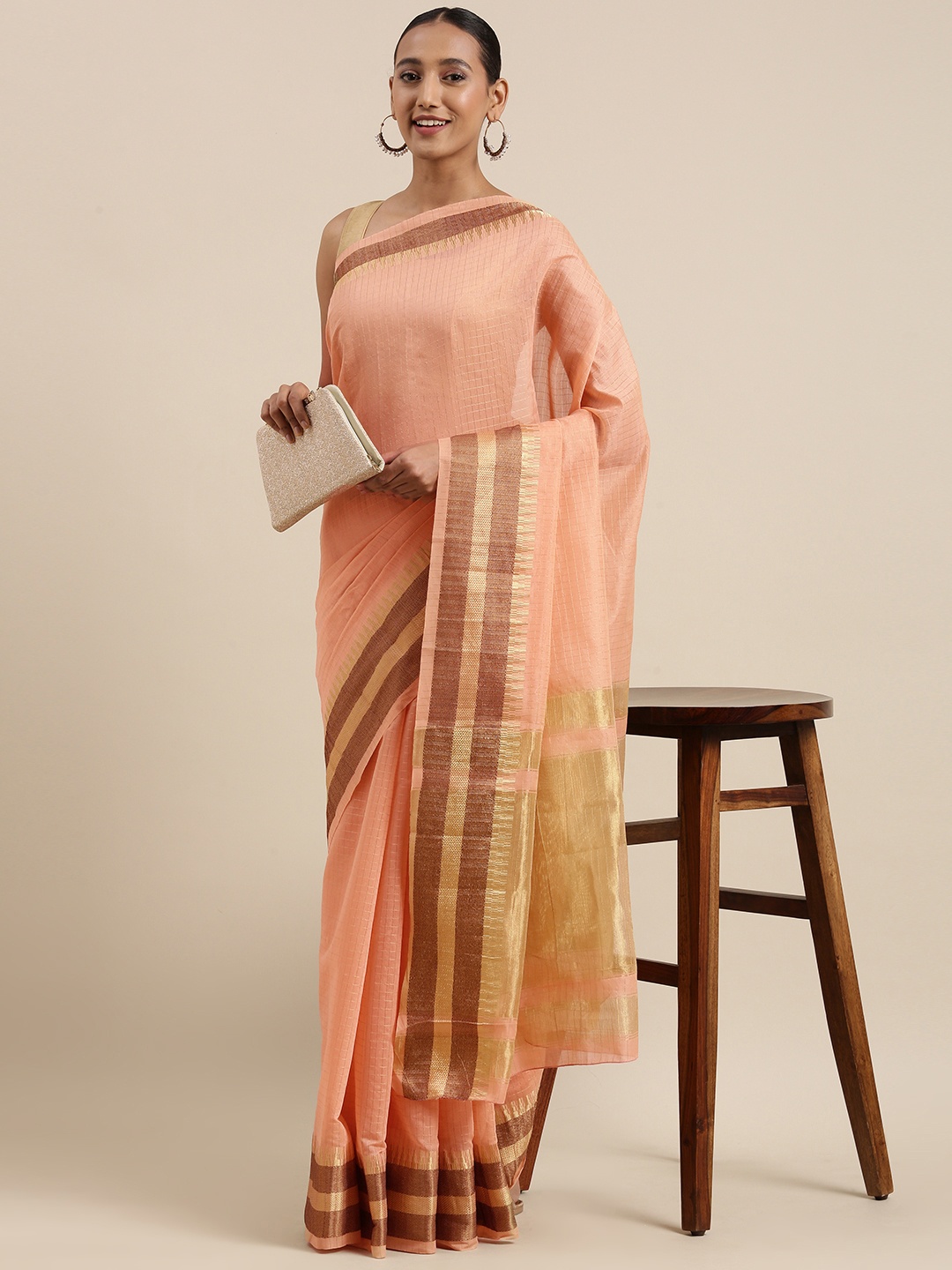 

Shaily Peach-Coloured Woven Checked Saree