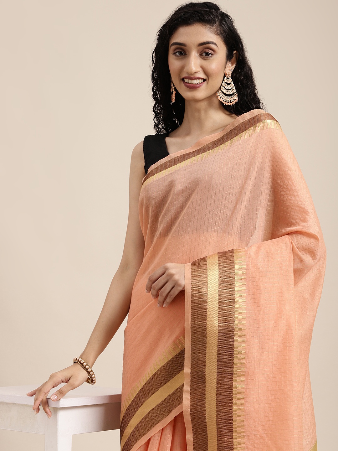 

Mitera Peach-Coloured Woven Design Silk Cotton Saree