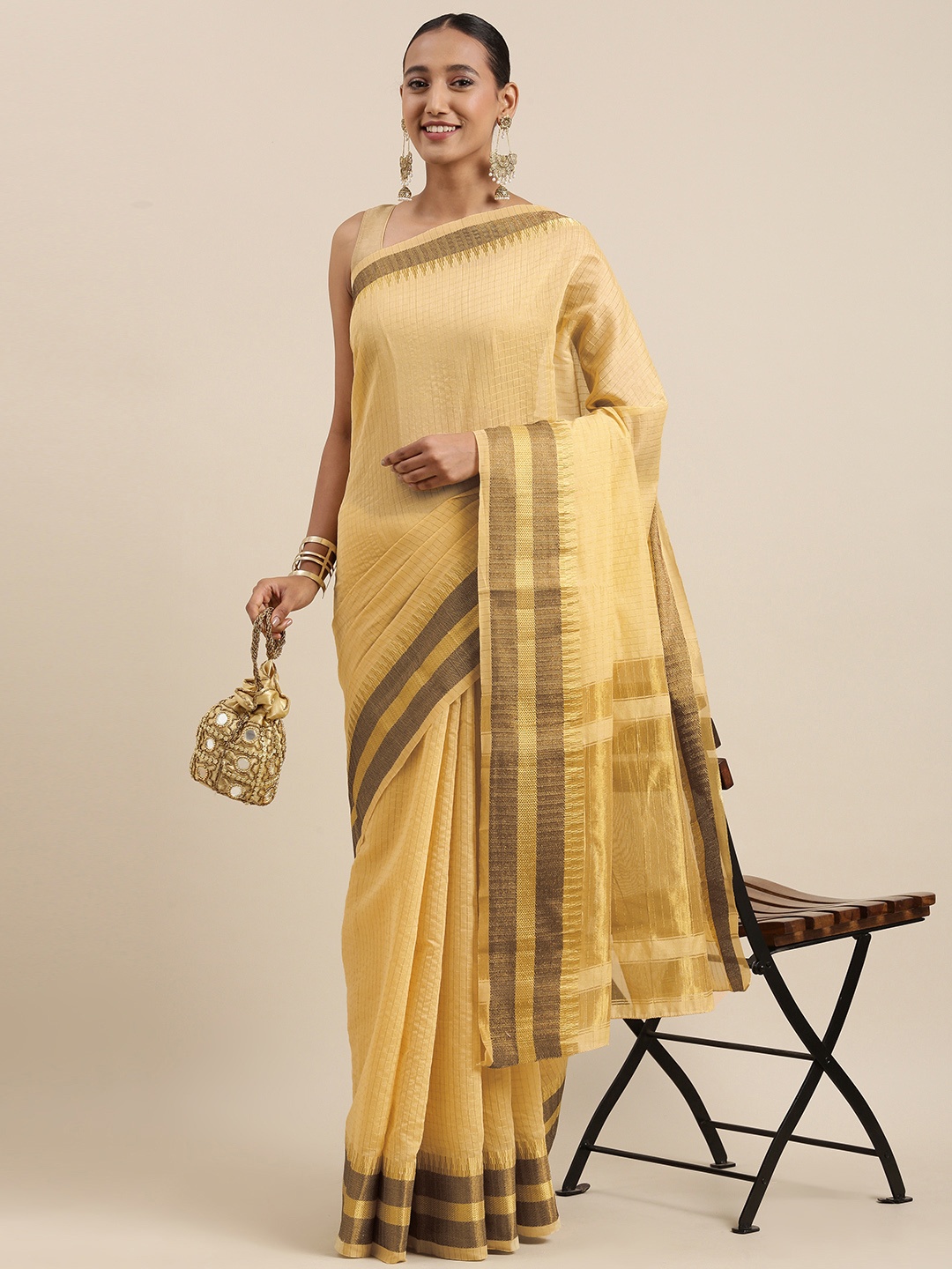

KALINI Beige Checked Woven Design Saree