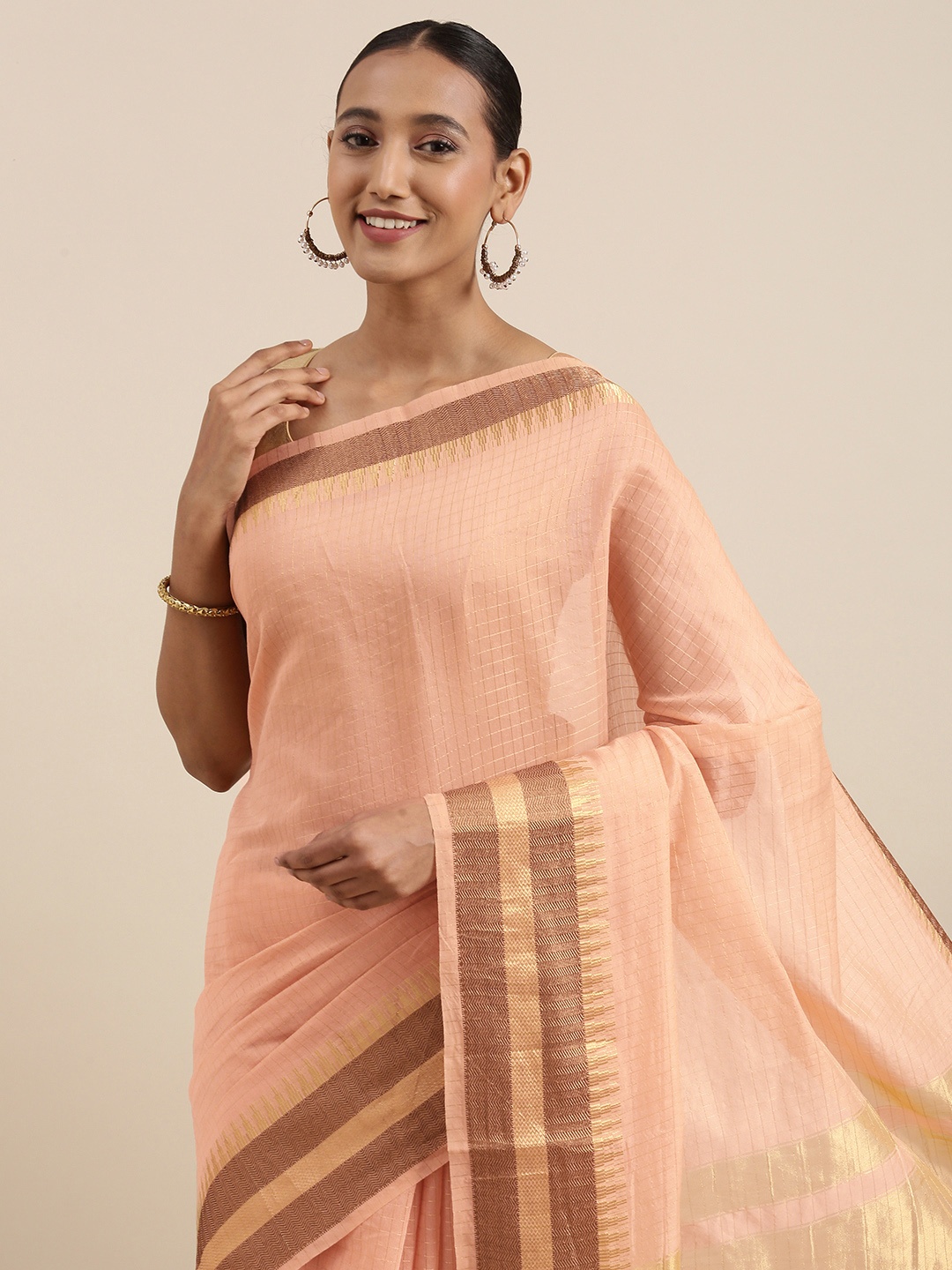 

KALINI Peach-Coloured Checked Woven Design Saree