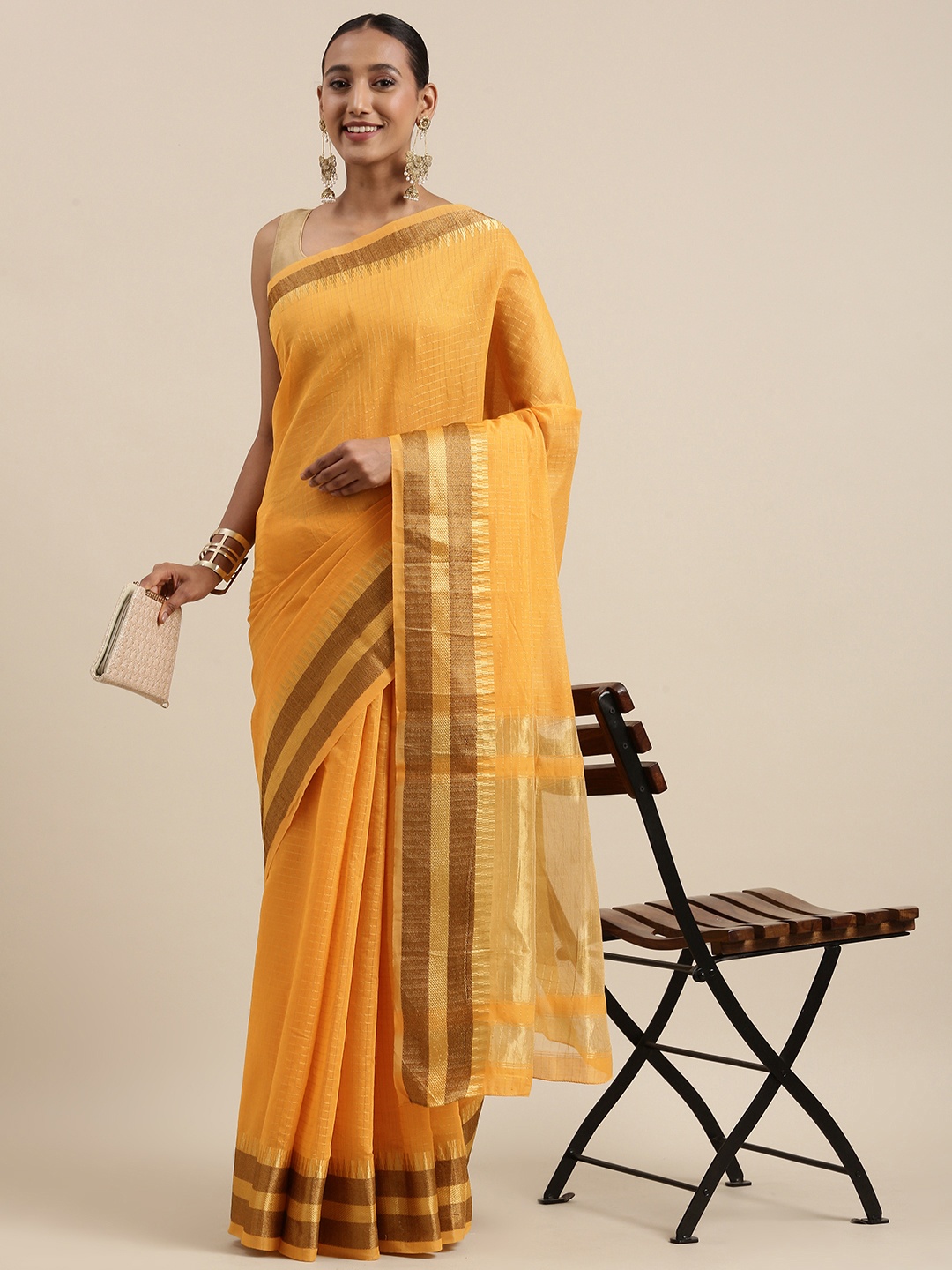 

KALINI Mustard Checked Woven Design Saree