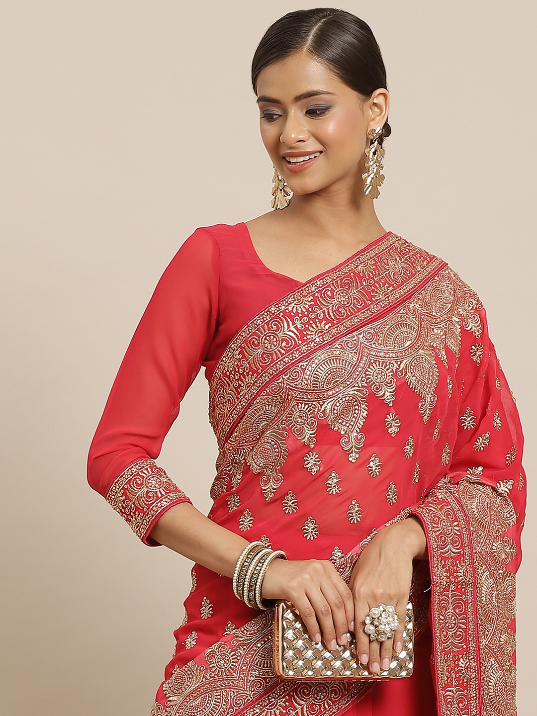 

RAJGRANTH Pink & Golden Ethnic Motifs Beads and Stones Pure Georgette Heavy Work Saree