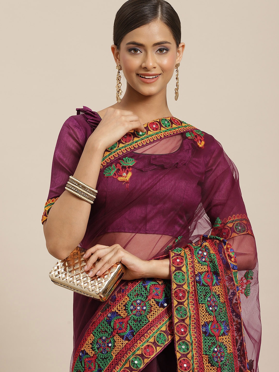 

RAJGRANTH Purple & Yellow Ethnic Motifs Mirror Work Net Heavy Work Saree