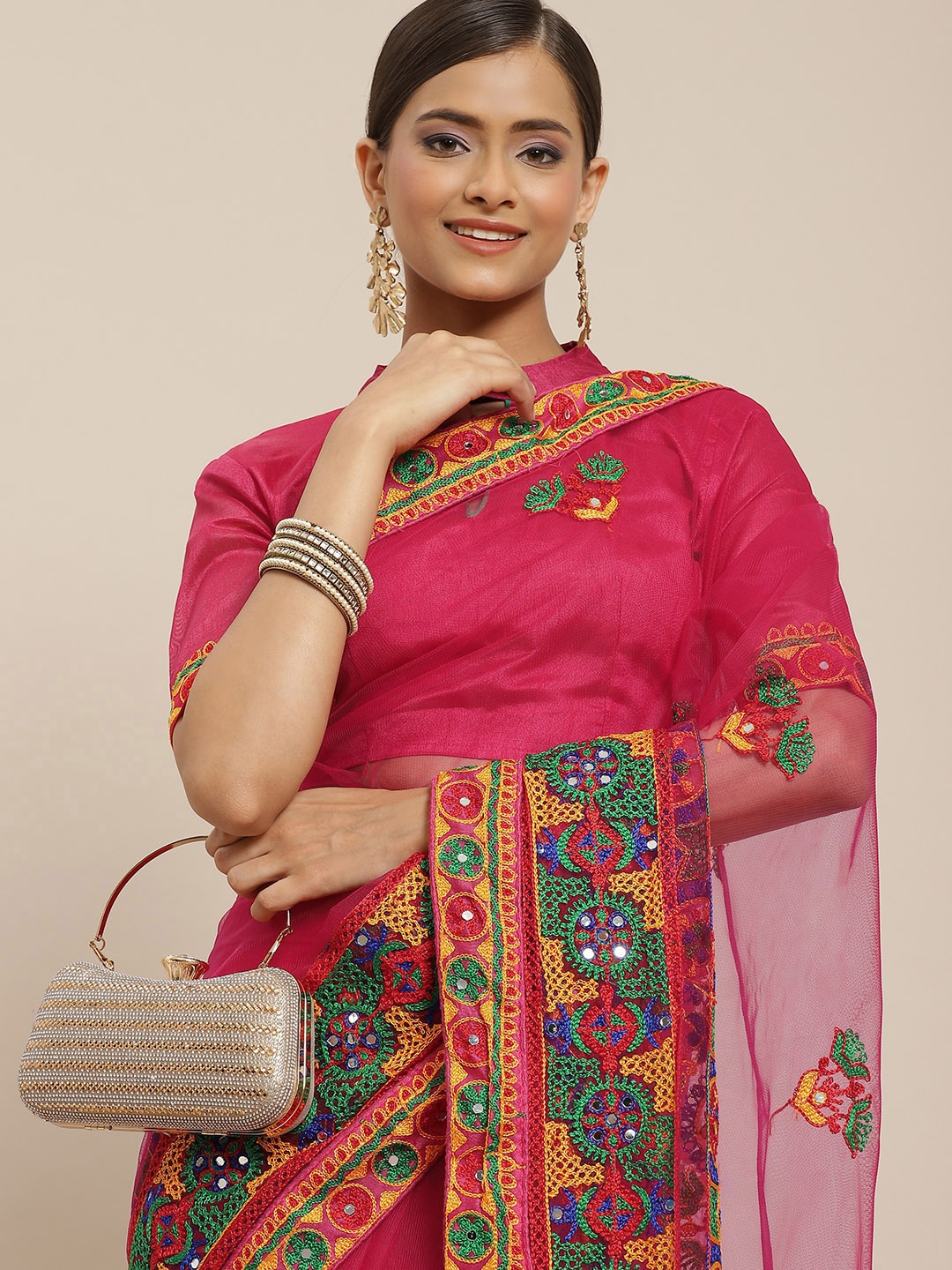 

RAJGRANTH Pink & Yellow Ethnic Motifs Mirror Work Net Heavy Work Saree