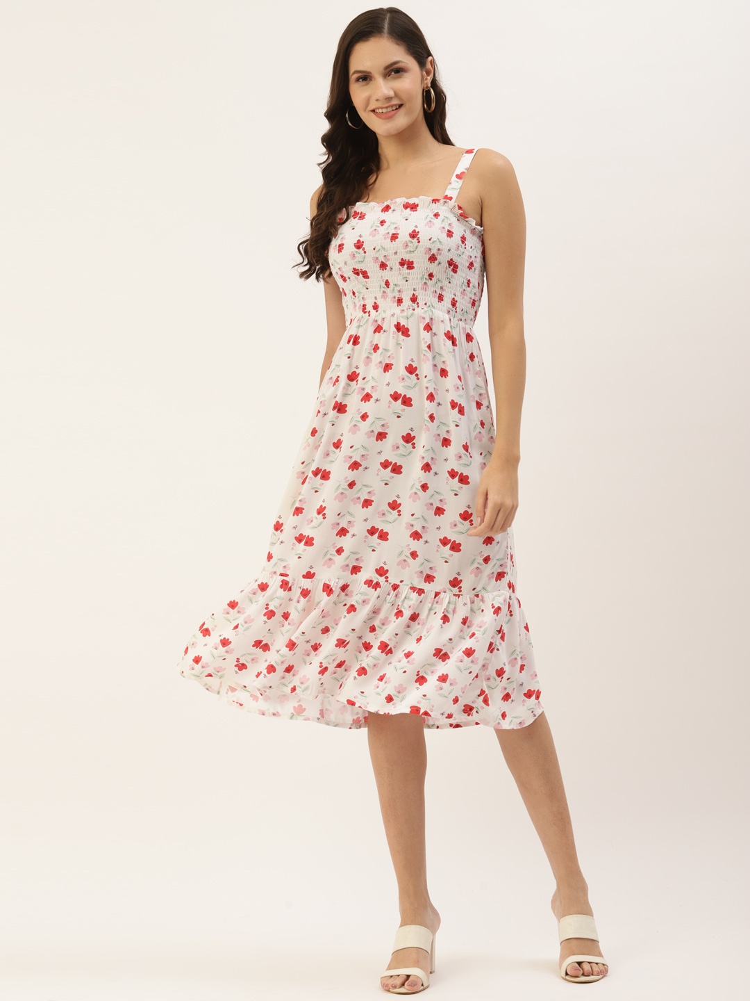 

WISSTLER White & Red Floral A-Line Midi Dress