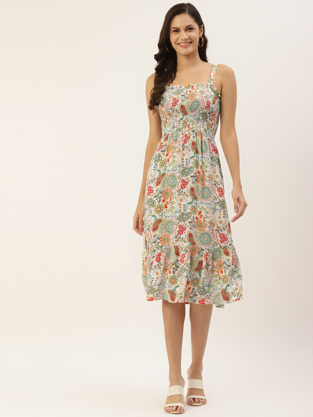 

WISSTLER Off White & Green Floral A-Line Midi Dress