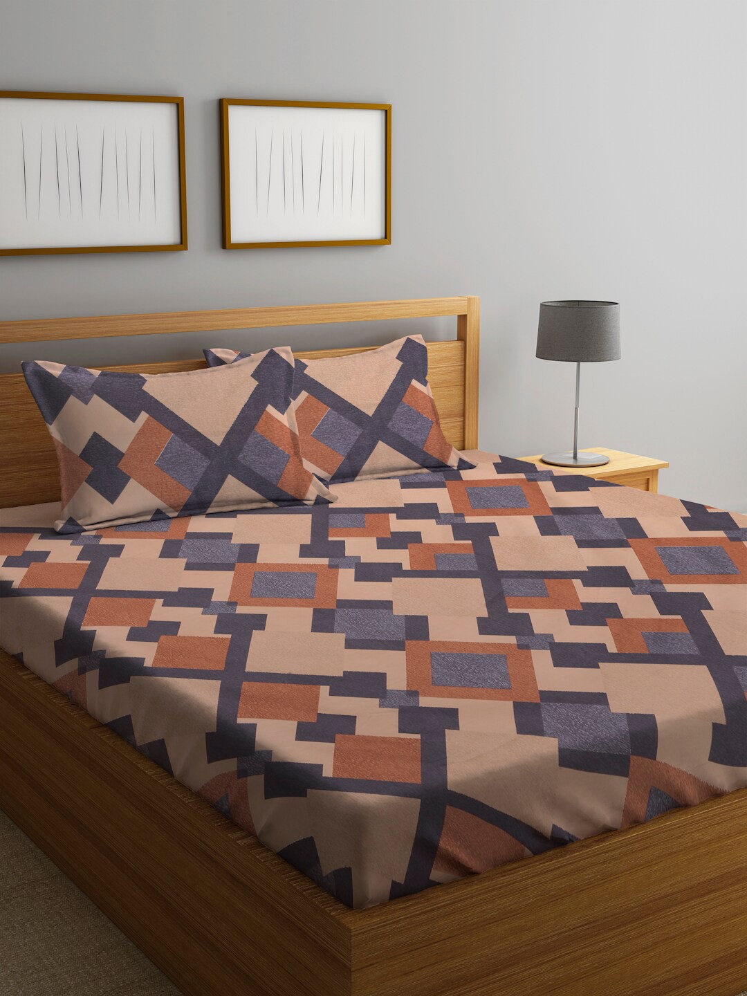 

KLOTTHE Brown & Grey Geometric 210 TC King Bedsheet with 2 Pillow Covers