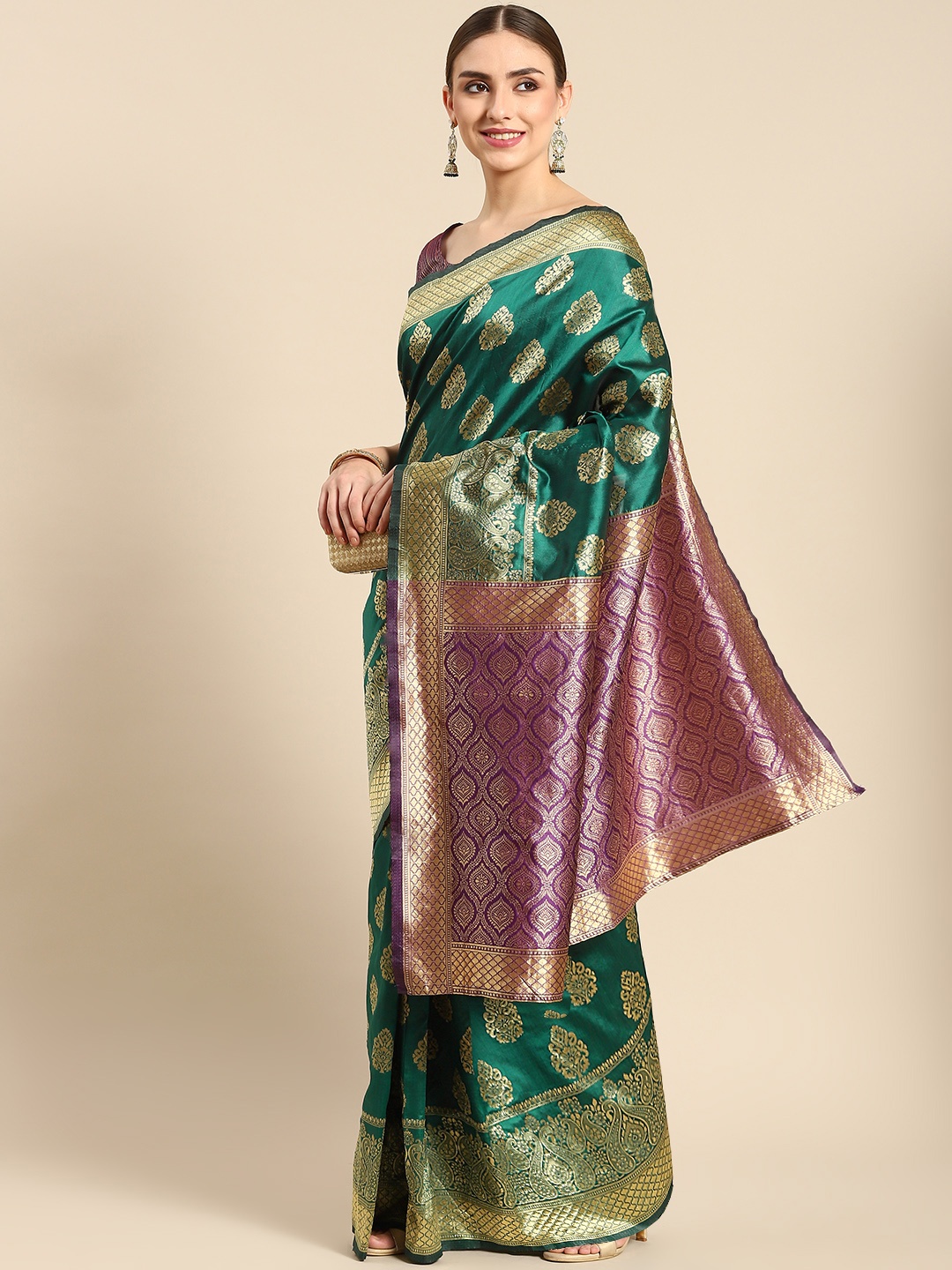 

all about you Green & Purple Ethnic Motifs Zari Silk Blend Celebrity Banarasi Saree