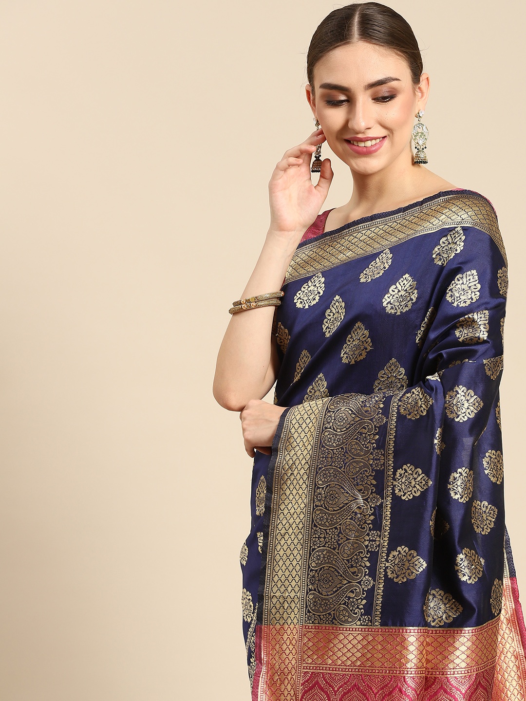 

all about you Navy Blue & Pink Ethnic Motifs Zari Silk Blend Celebrity Banarasi Saree
