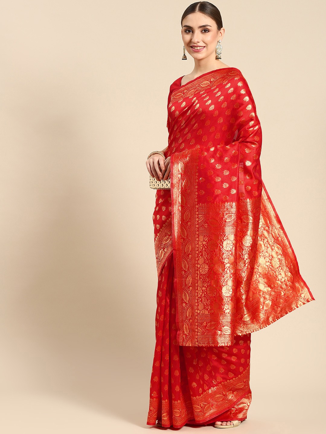 

all about you Red & Gold Floral Zari Silk Blend Celebrity Banarasi Saree