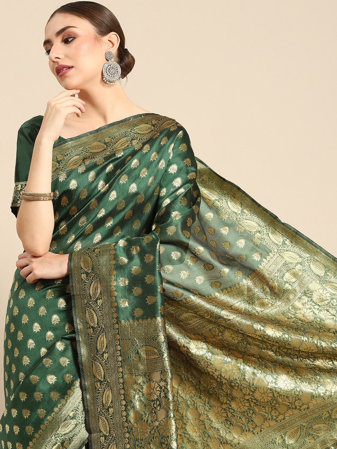 

all about you Green & Gold Floral Zari Silk Blend Celebrity Banarasi Saree