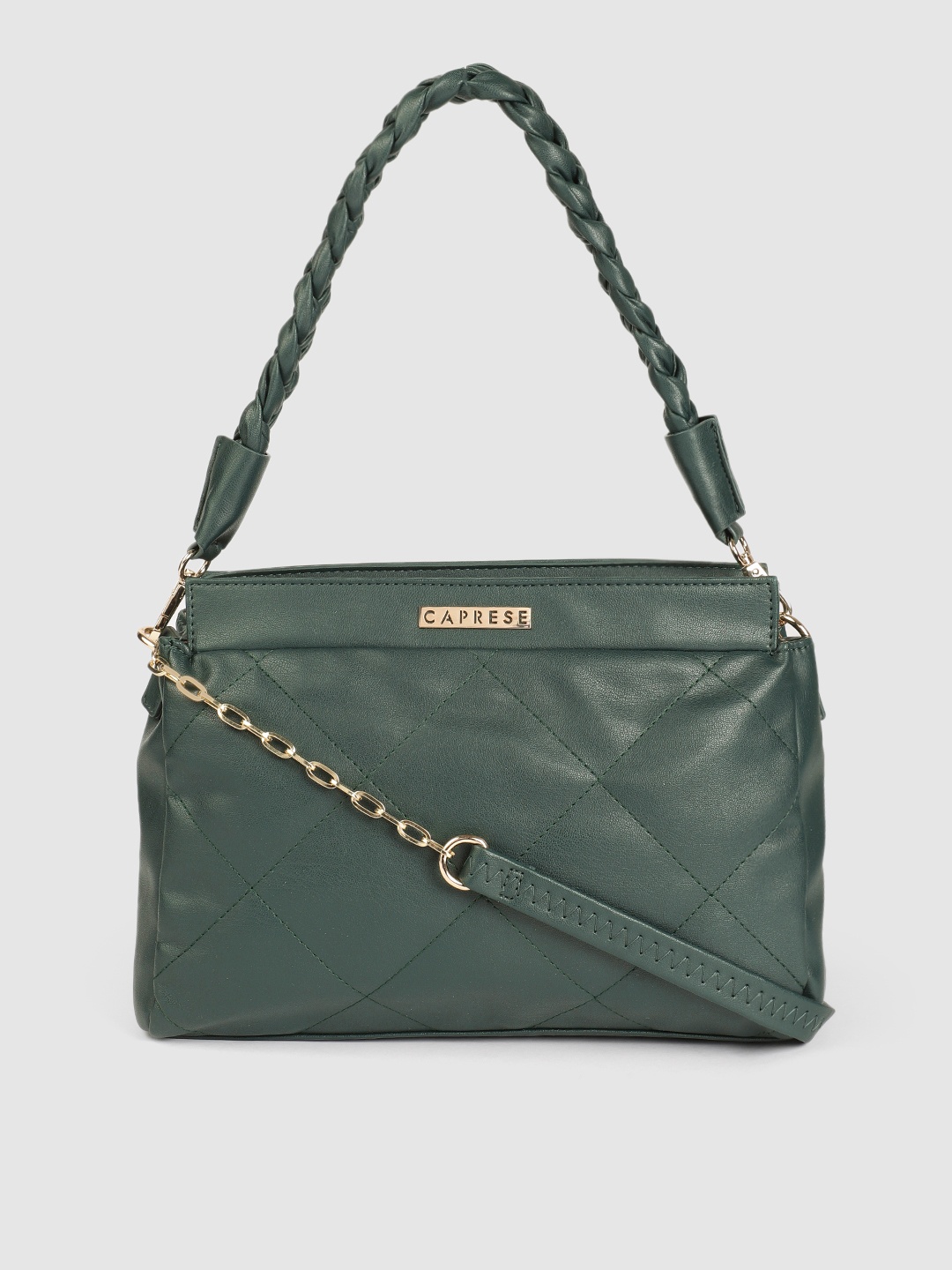 

Caprese Teal Green Solid Structured Shoulder Bag with Quilted Detail