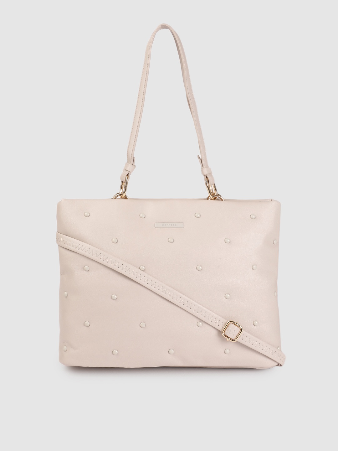 

Caprese Light Grey Solid Regular Structured Shoulder Bag with Studded Detail