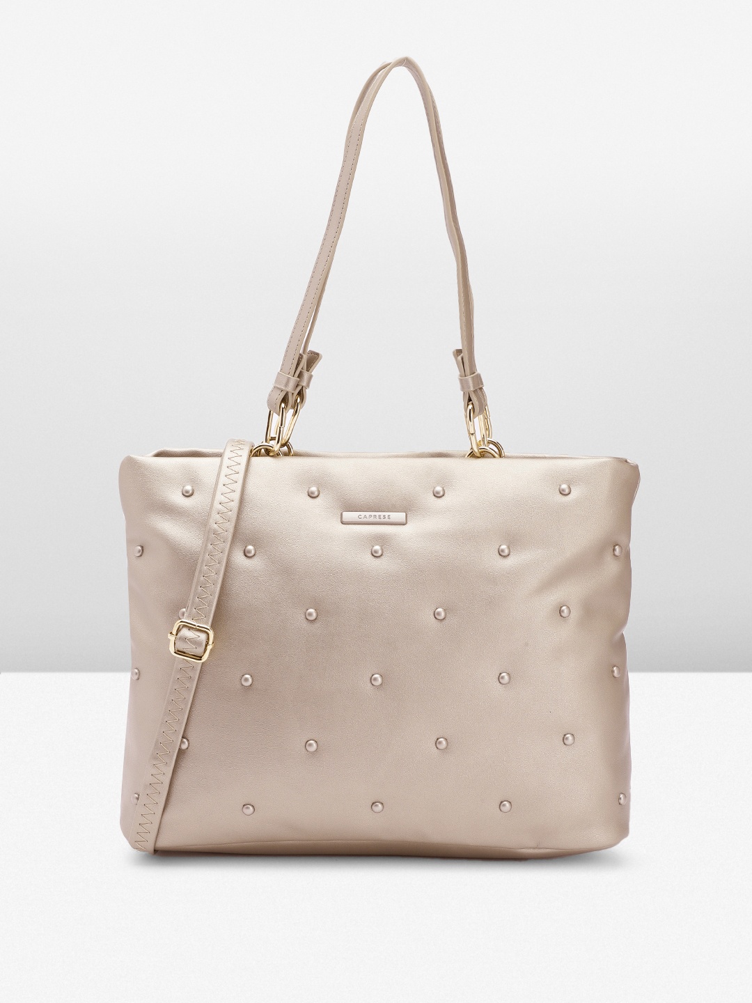 

Caprese Structured Shoulder Bag with Studded Detail, Champagne