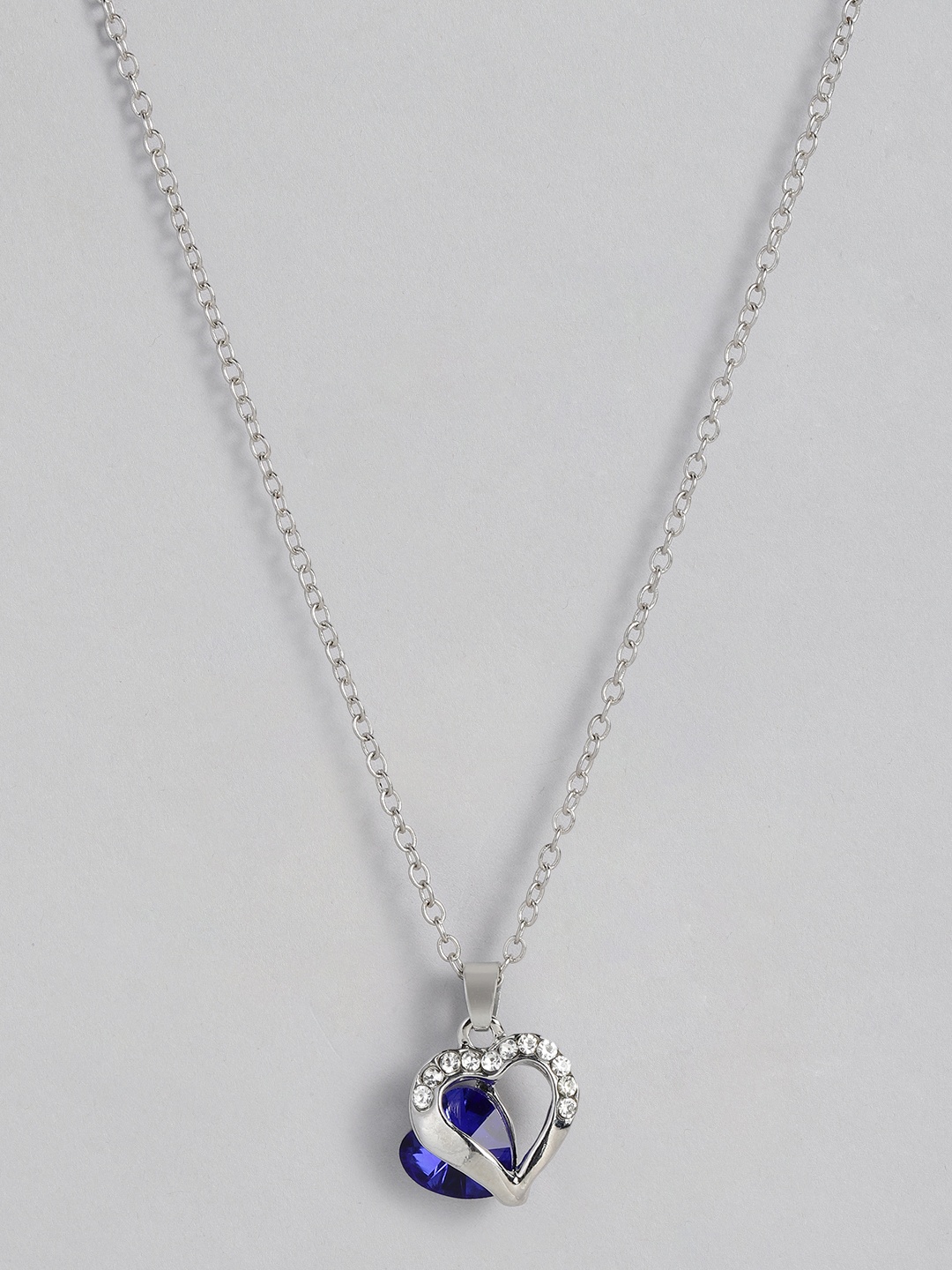 

PEORA Silver Plated Blue Heart-Shaped Embellished Pendant with Silver Chain