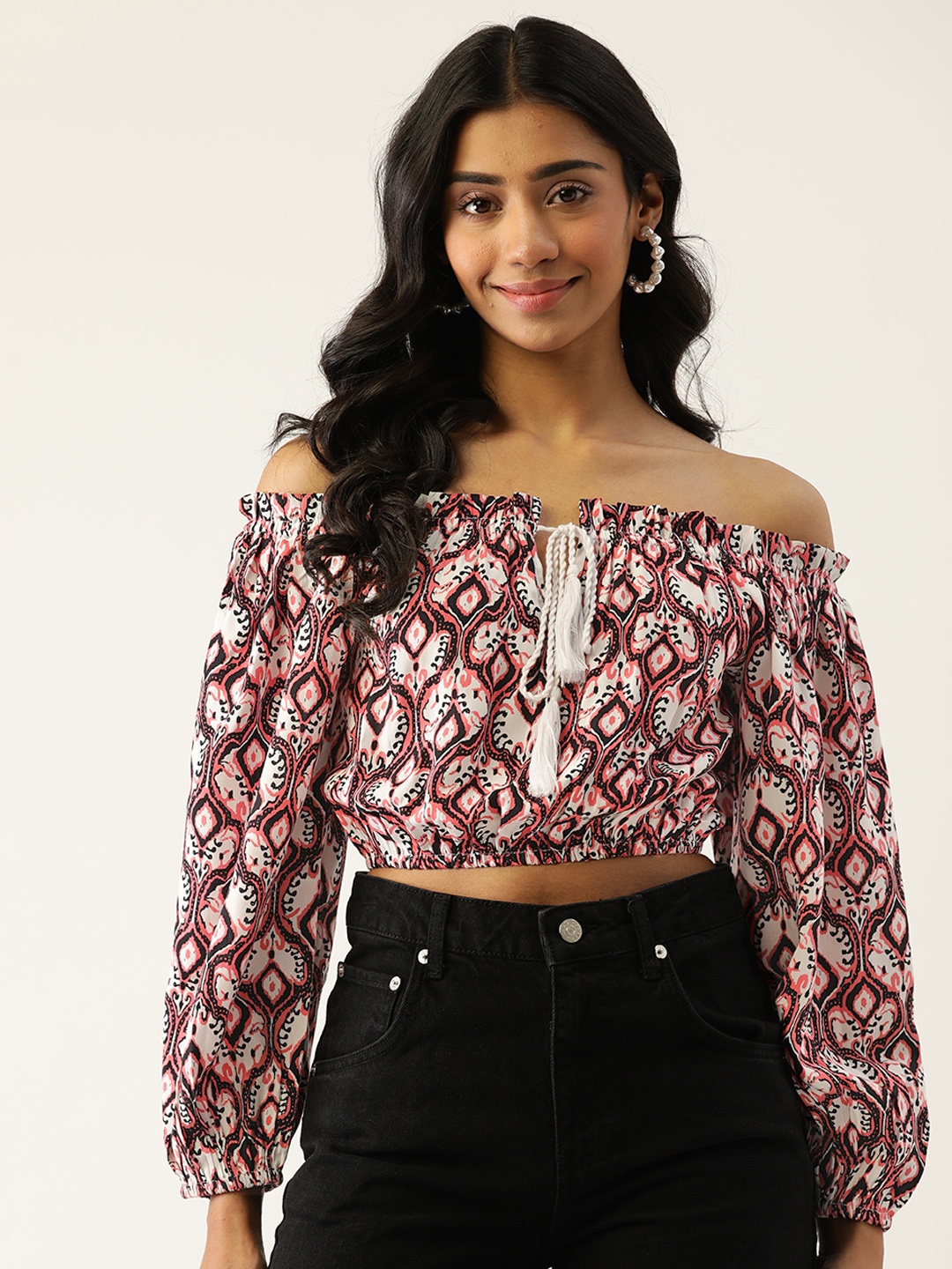 

Rue Collection White & Black Printed Off-Shoulder Blouson Crop Top