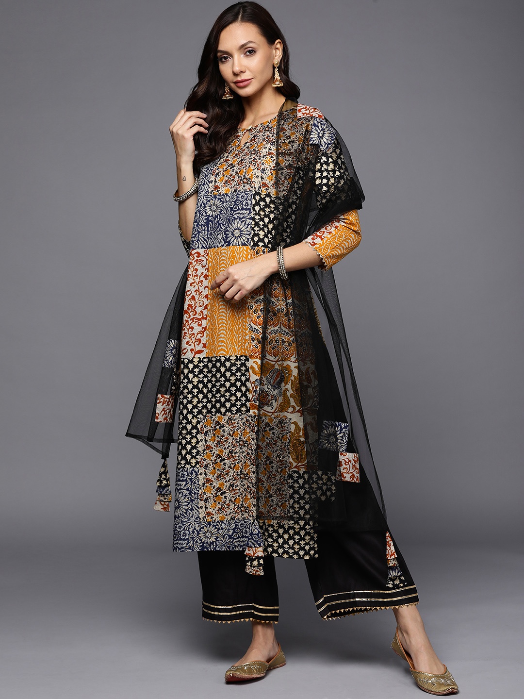 

Indo Era Women Mustard Yellow & Black Ethnic Motifs Printed Kurta with Palazzos & Dupatta