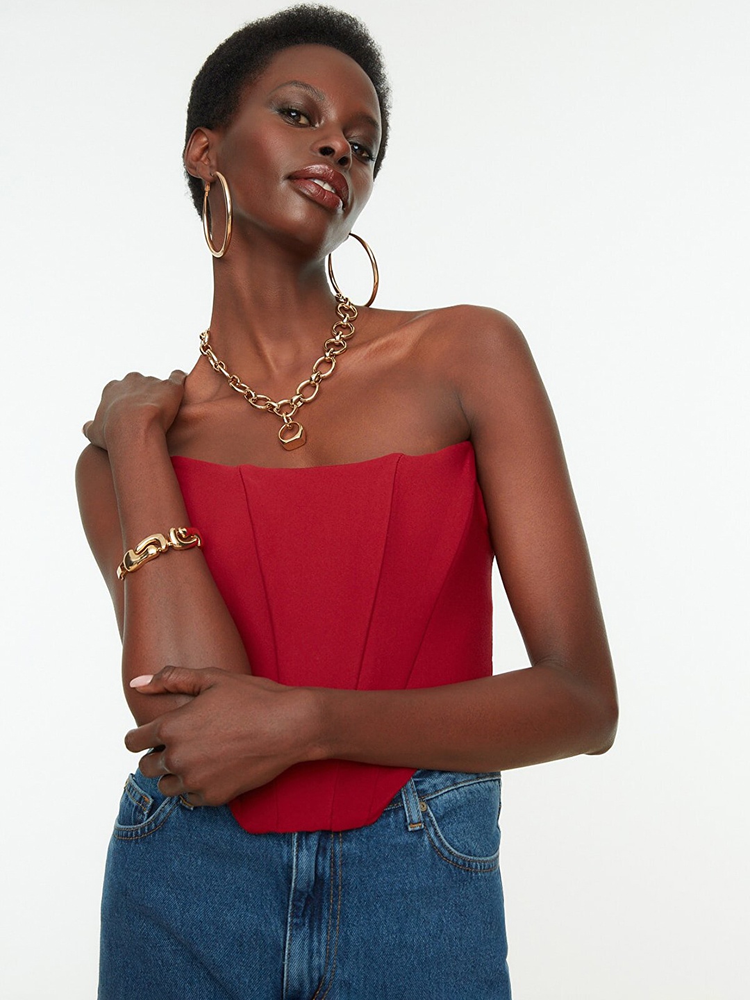 

Trendyol Maroon Solid Corset Crop Top