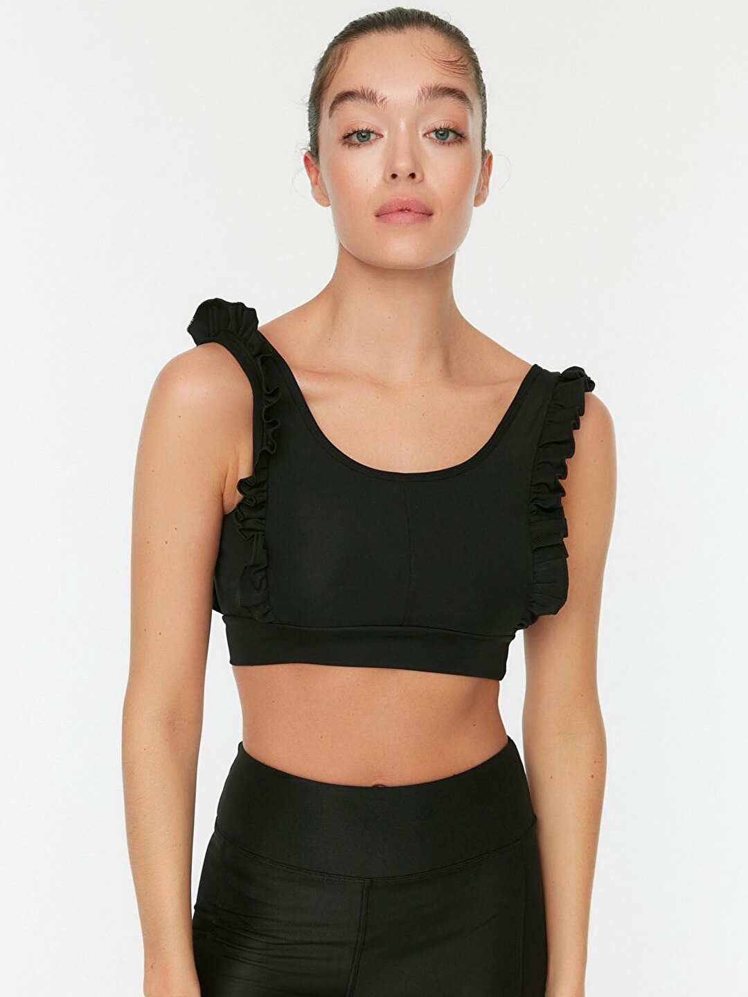 

Trendyol Women Black Lightly Padded Ruffle Detail Sports Bra TWOAW22SS0048