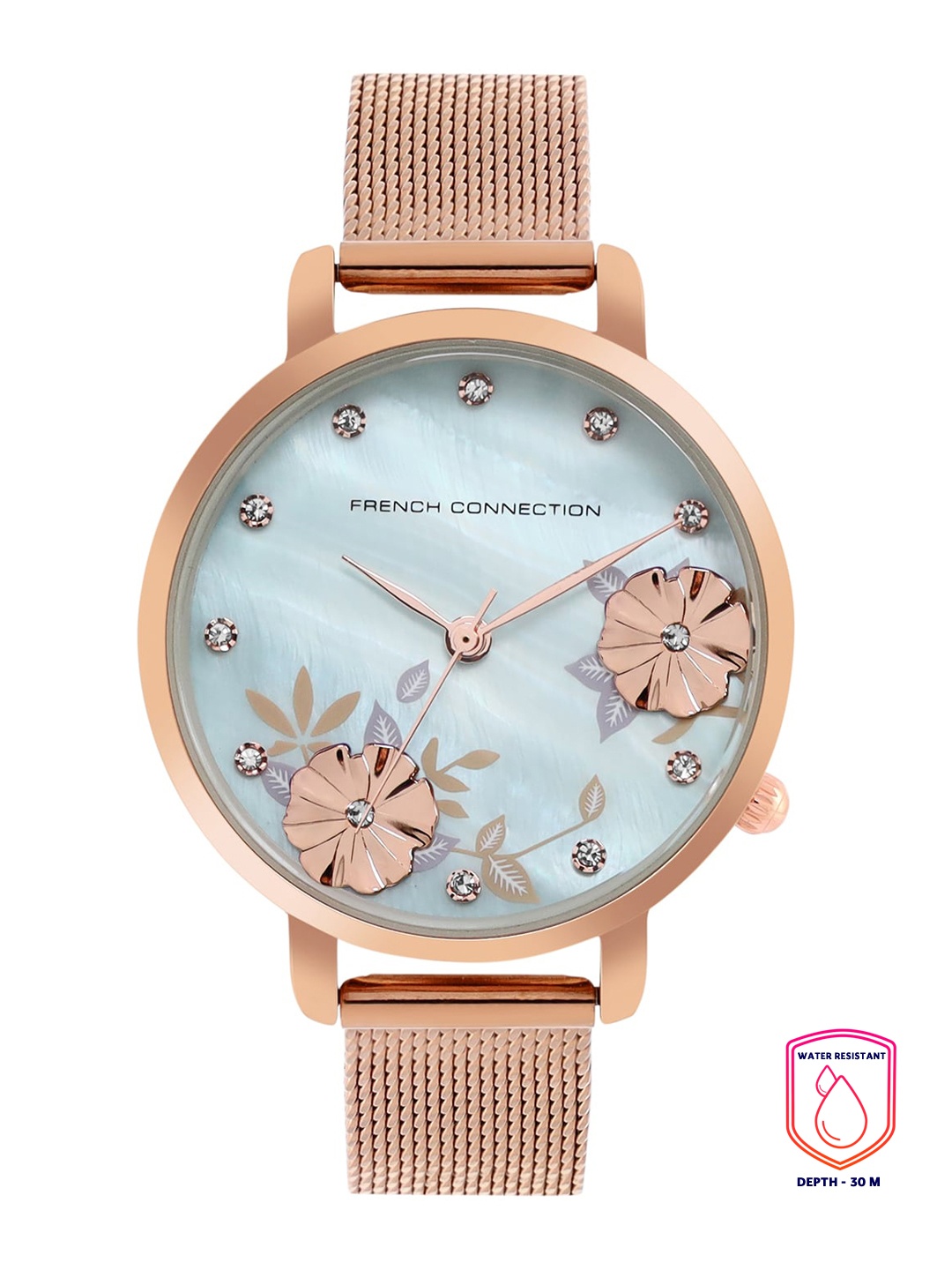 

French Connection Women Blue Embellished Dial & Rose Gold Toned Stainless Steel Bracelet Style Straps Watch
