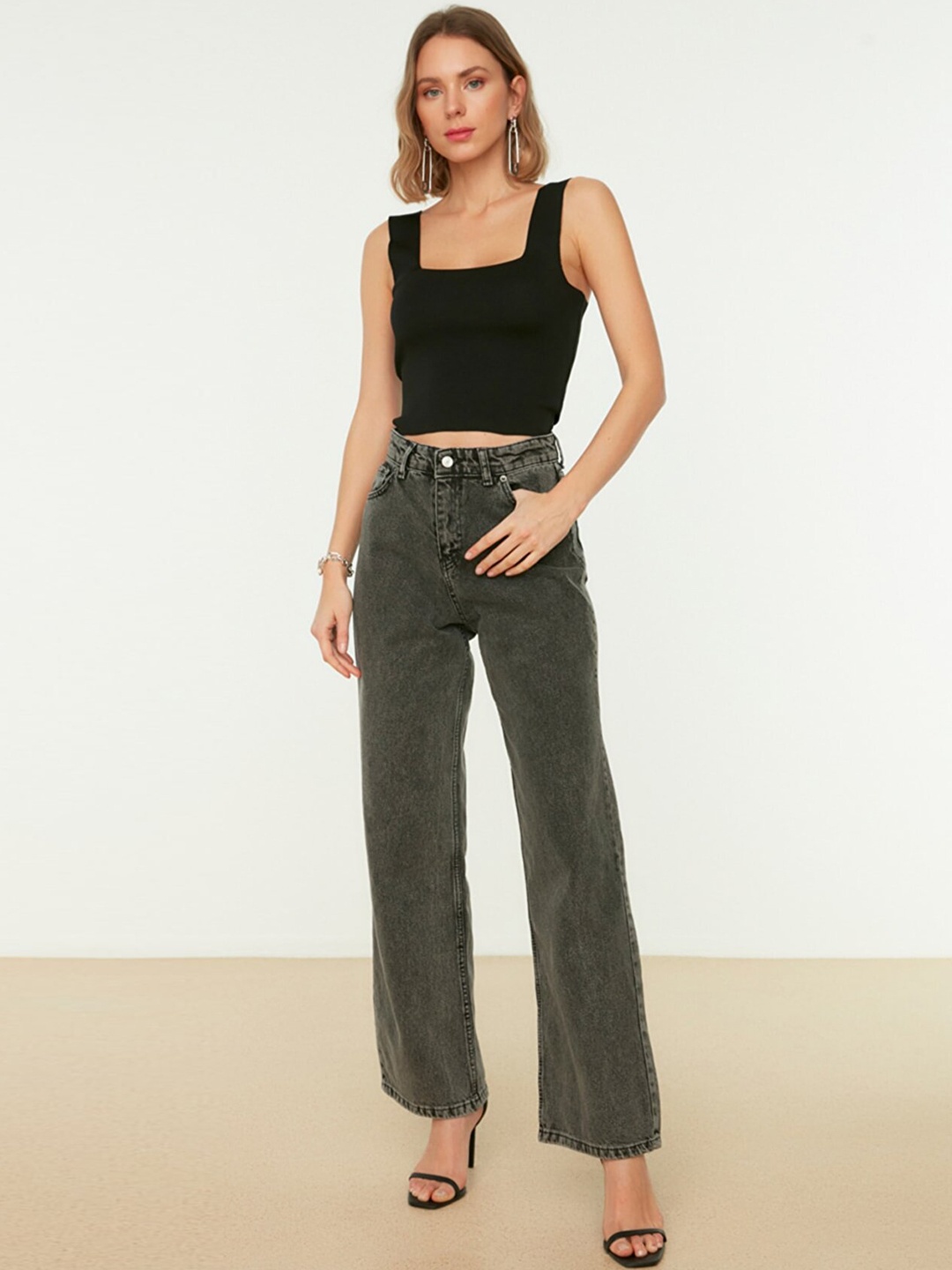 

Trendyol Women Charcoal Wide Leg High-Rise Pure Cotton Light Fade Jeans