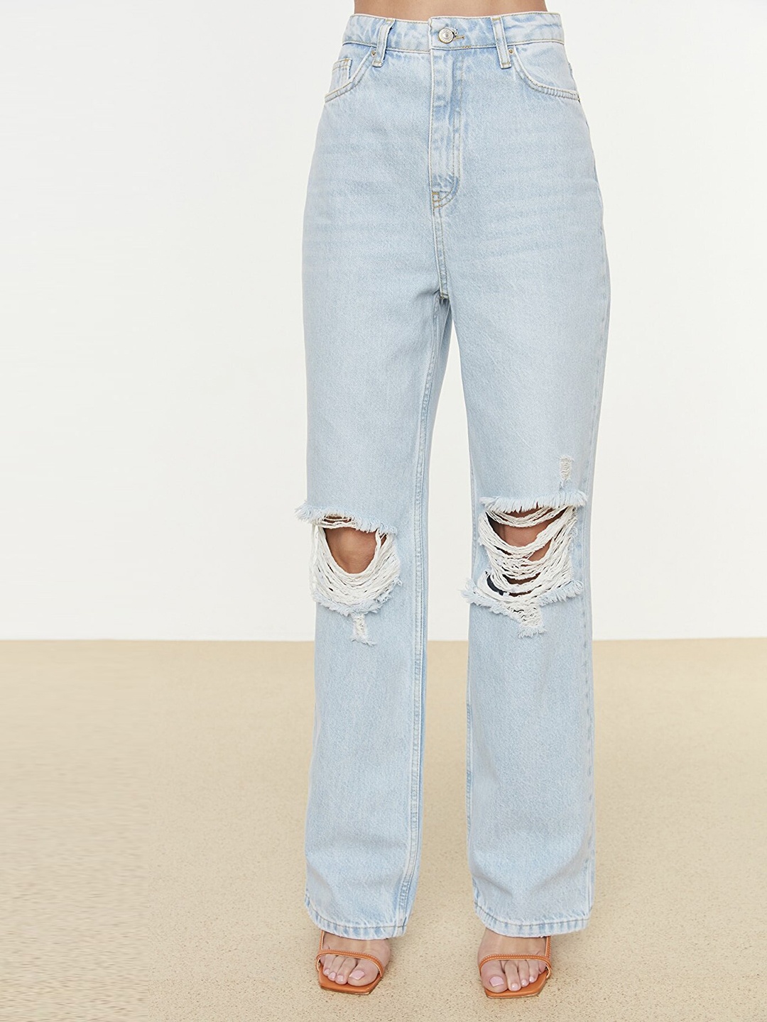 

Trendyol Women Blue Wide Leg High-Rise Slash Knee Jeans