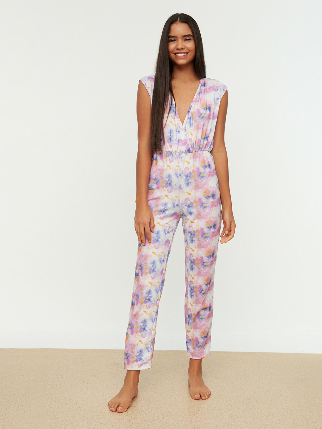 

Trendyol Women White & Pink Printed Basic Jumpsuit