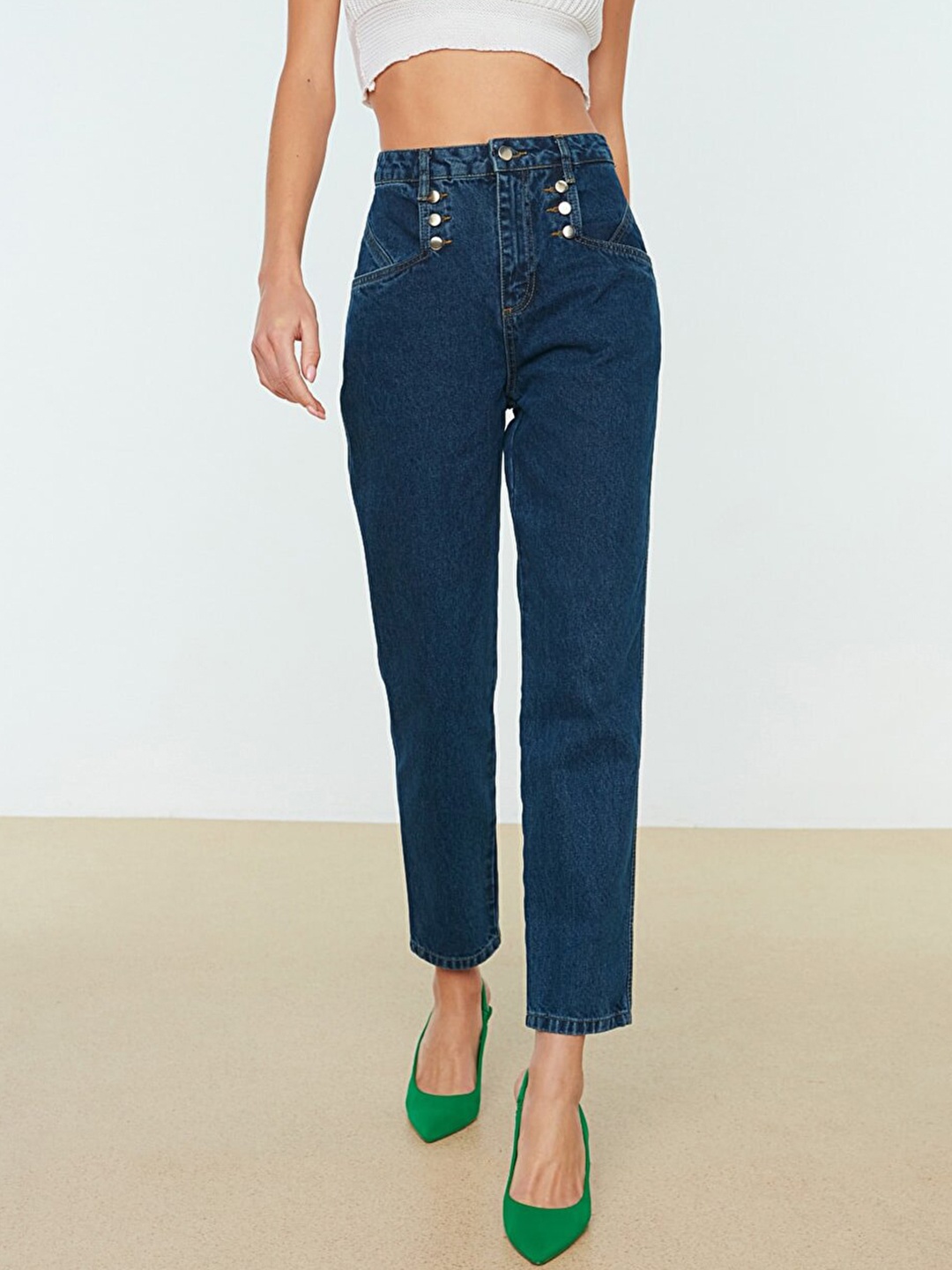 

Trendyol Women Blue Button Detailed High Waist Mom Fit Pure Cotton Jeans