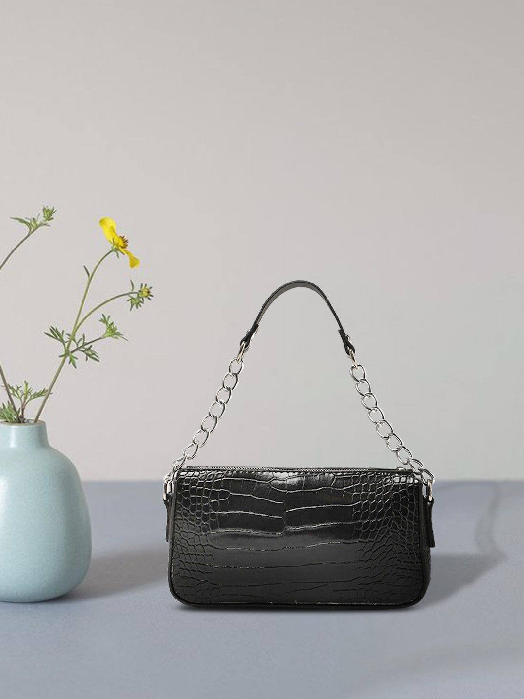 

Trendyol Women Black Crocs Textured Leather Structured Baguette Bag