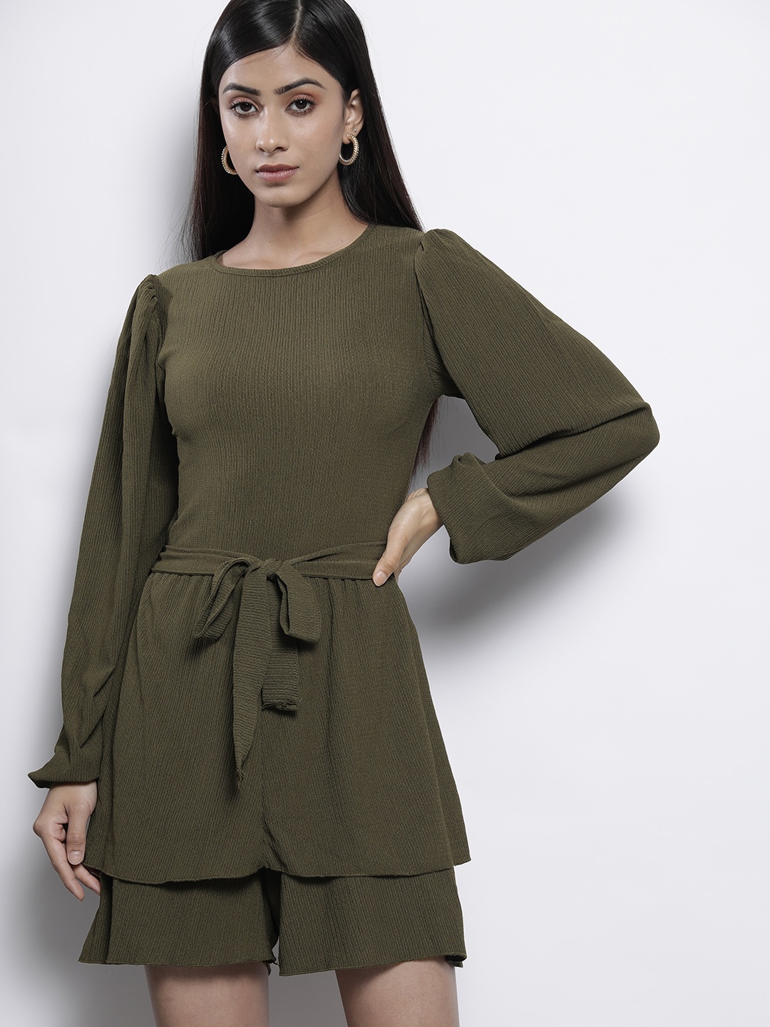 

Trendyol Olive Green Self-Design Layered Playsuit with Belt