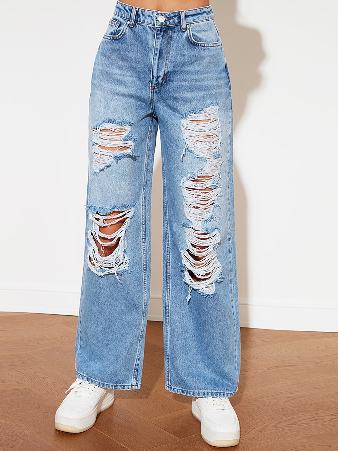 

Trendyol Women Blue Pure Cotton Wide Leg High-Rise Highly Distressed Light Fade Jeans