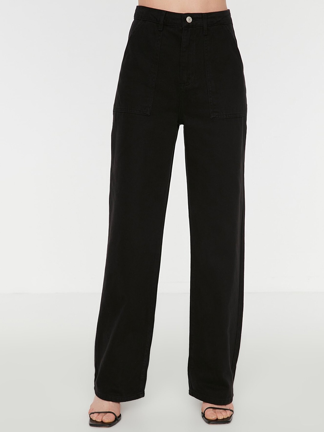 

Trendyol Women Black High Waist 90's Wide Leg Pure Cotton Jeans