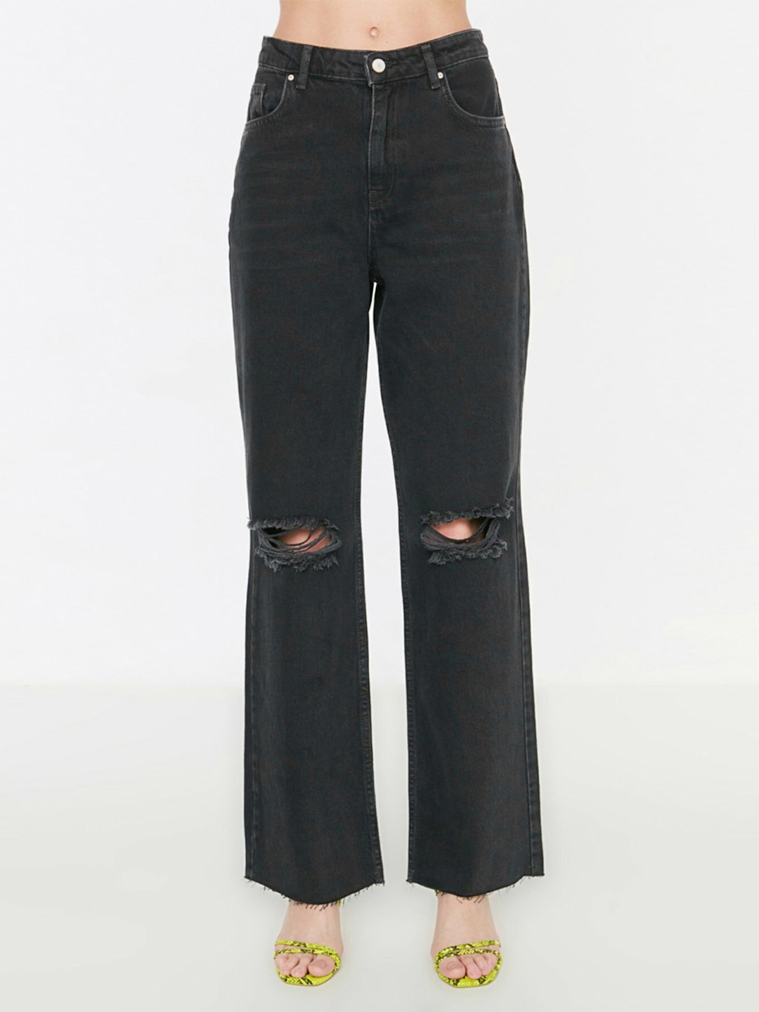 

Trendyol Women Black Wide Leg High-Rise Slash Knee Pure Cotton Stretchable Jeans
