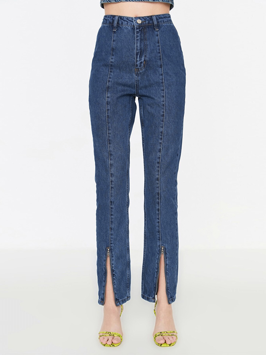 Trendyol Women Blue High-Rise Stretchable Jeans with Zippered Detail