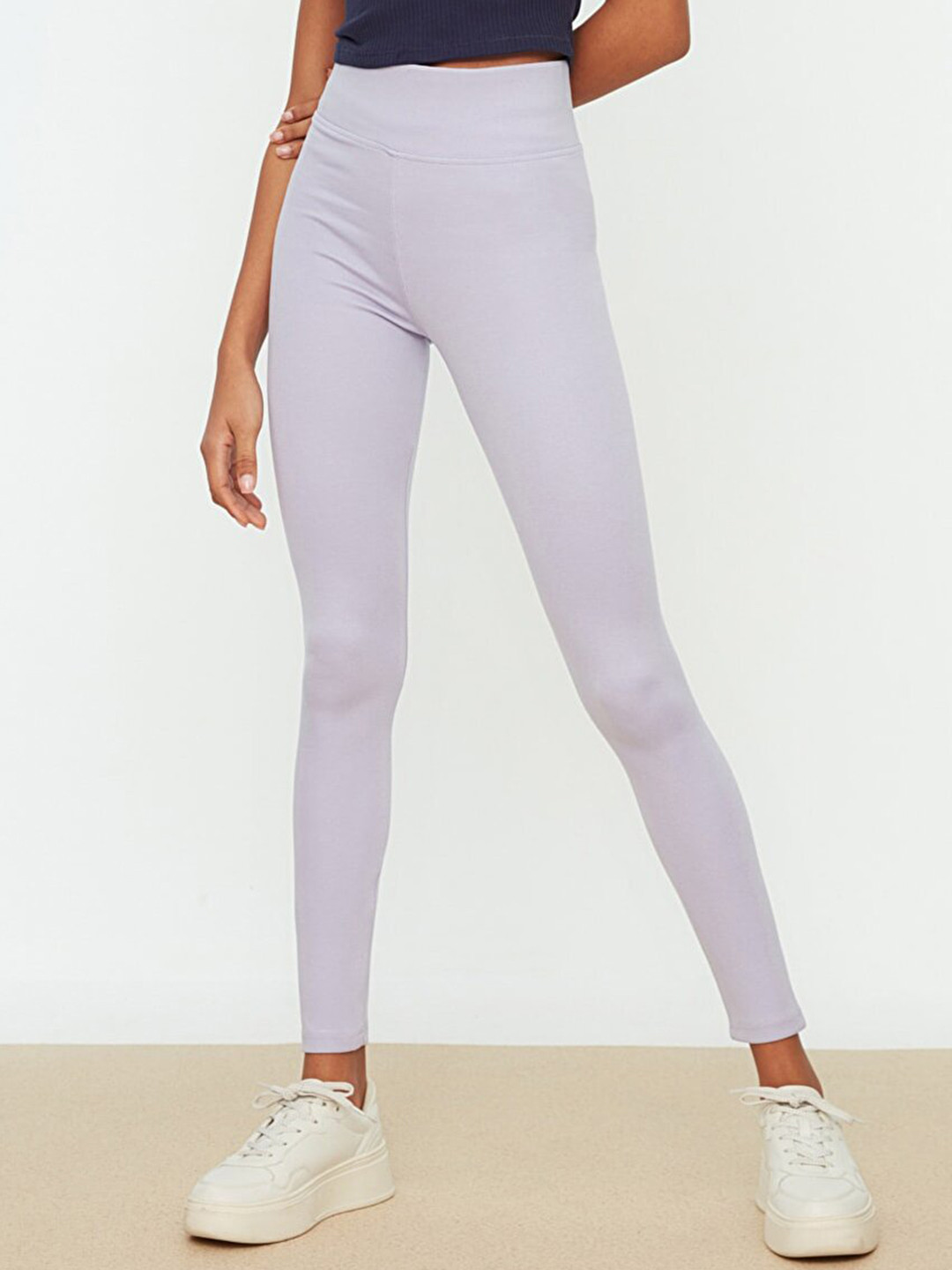 

Trendyol Women Lilac Solid High Waist Knitted Tights, Lavender