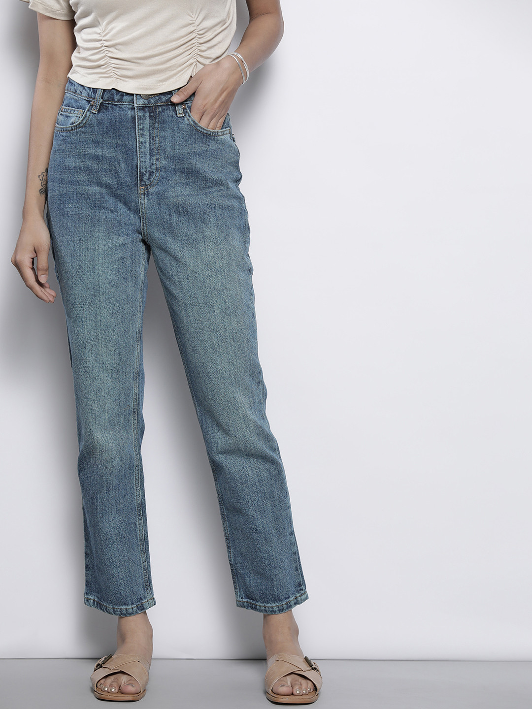 

Trendyol Women Blue Pure Cotton Bootcut High-Rise Light Fade Jeans