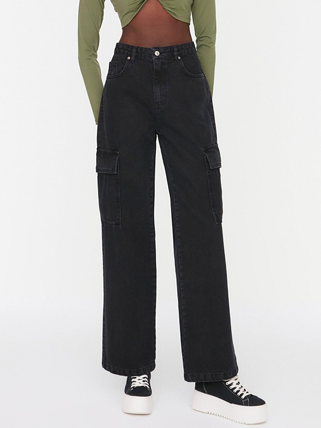

Trendyol Women Black Wide Leg High-Rise Cargo Jeans