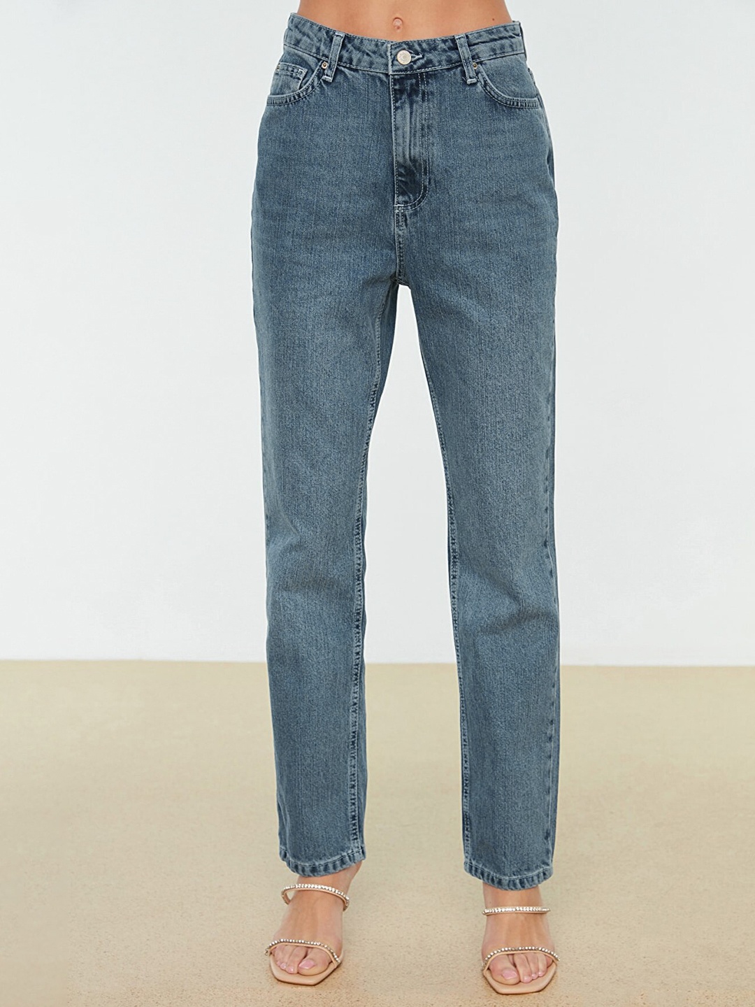 

Trendyol Women Blue High Waist Regular Fit Pure Cotton Jeans