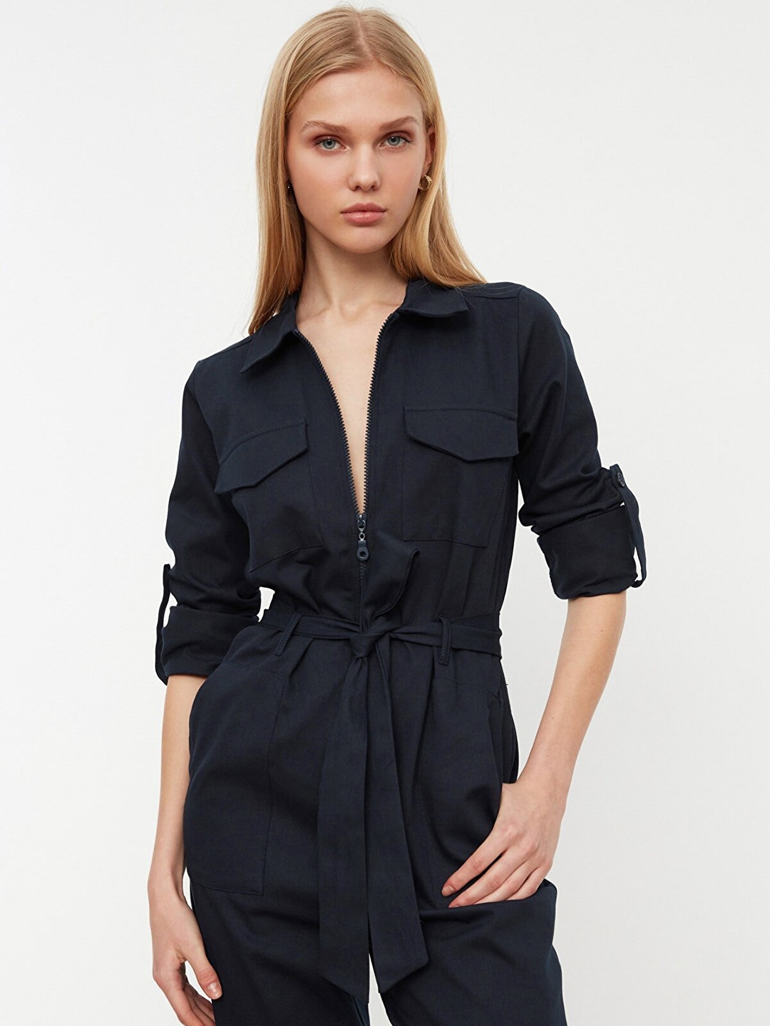 

Trendyol Women Navy Blue Solid Basic Jumpsuit